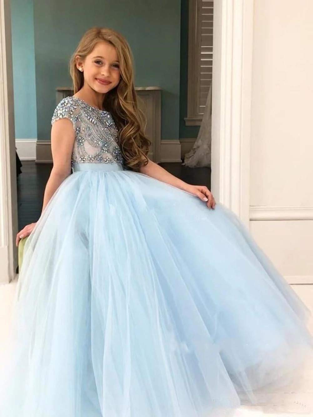 Emanni Girls Tulle Pageant Dress with Rhinestones & Beaded Flowers - Elegant Flower Girl Dress for Birthday Party, Wedding, Pageant & Special Occasions