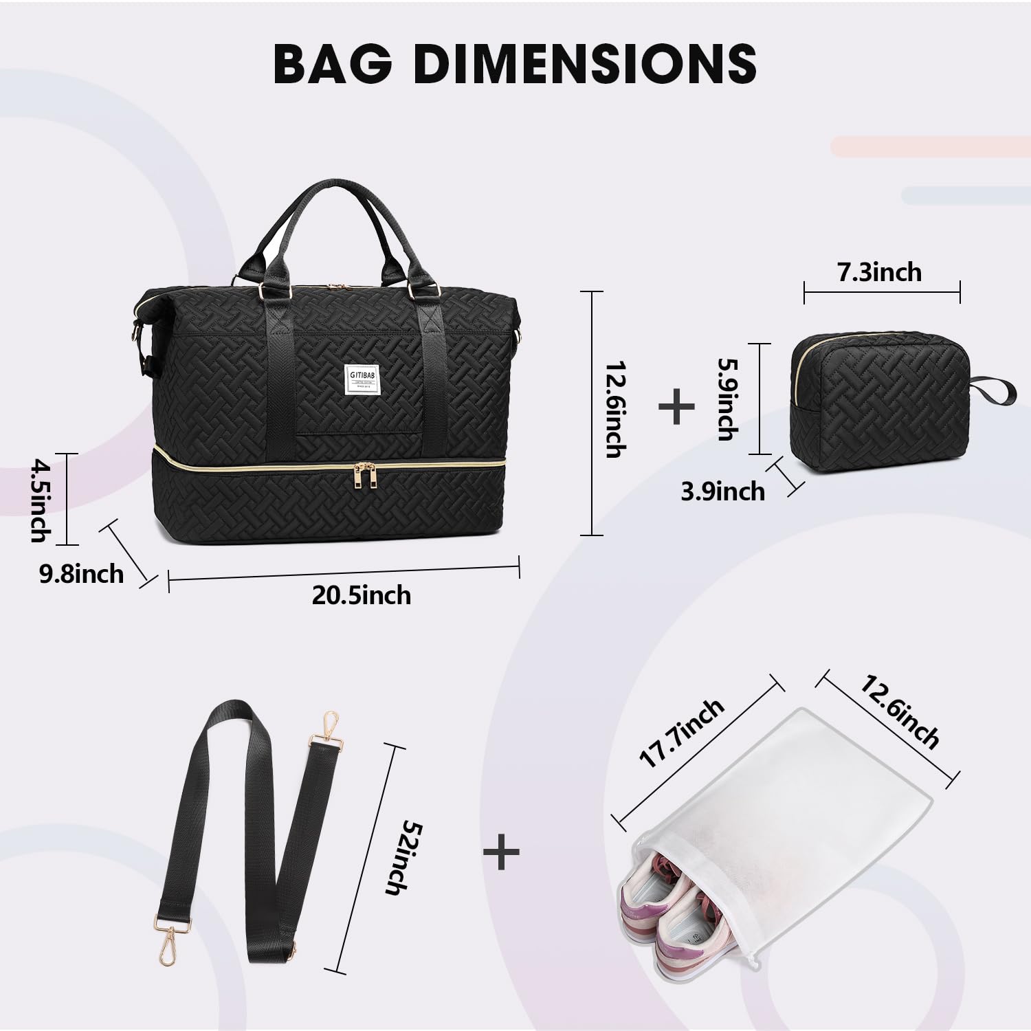 Women's 50L Quilted Duffle Bag - Large Travel Weekender with Shoe Compartment | Carry On Overnight Gym Tote Bag for Business Trips, Workouts & Weekend Getaways