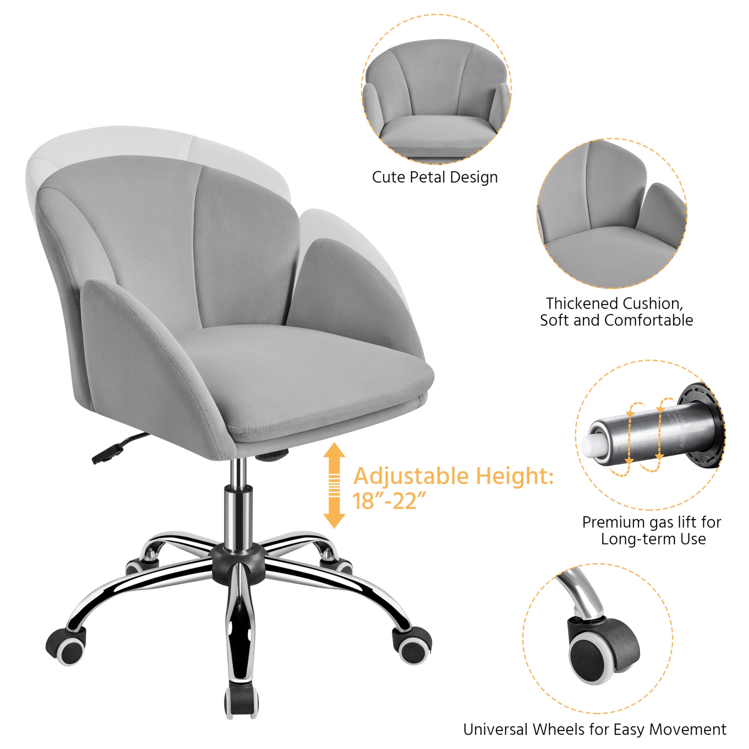 Yaheetech Modern Velvet Swivel Desk Chair with Armrests - Light Gray Home Office Chair for Women, Rolling Makeup Vanity Chair for Bedroom & Study Room | Perfect for Work, Gaming & Beauty Stations