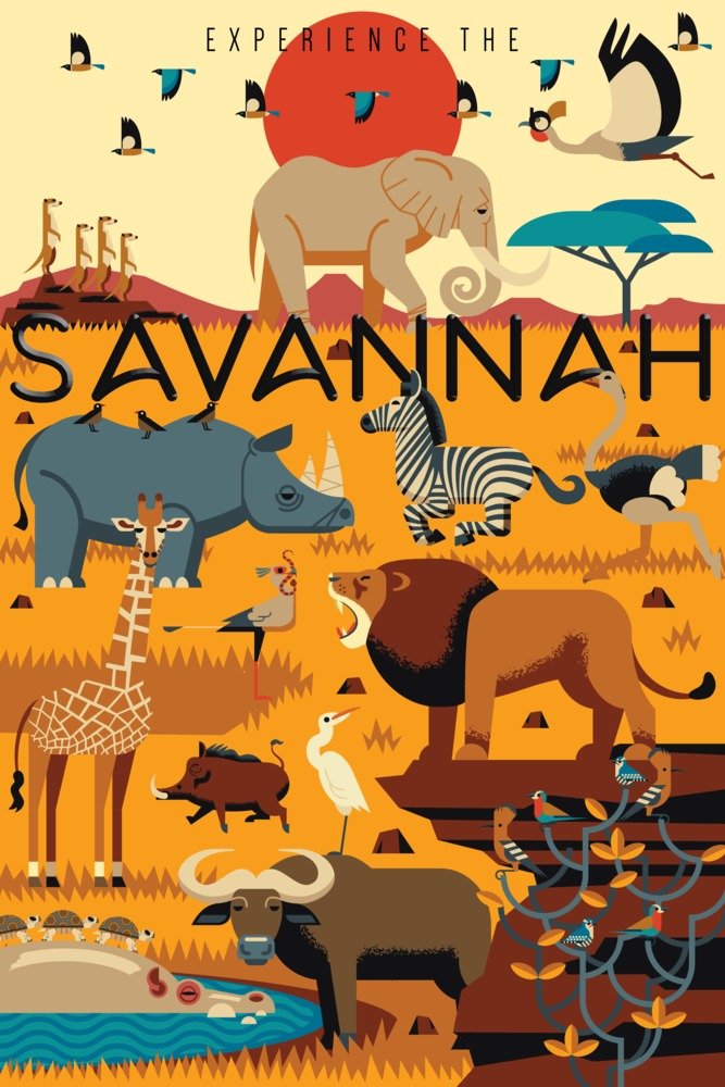 Savannah Animals Textured Geometric Art Print - 24x36 Signed Wall Decor Poster | Experience the African Savannah | Perfect for Living Room, Bedroom & Office Decor