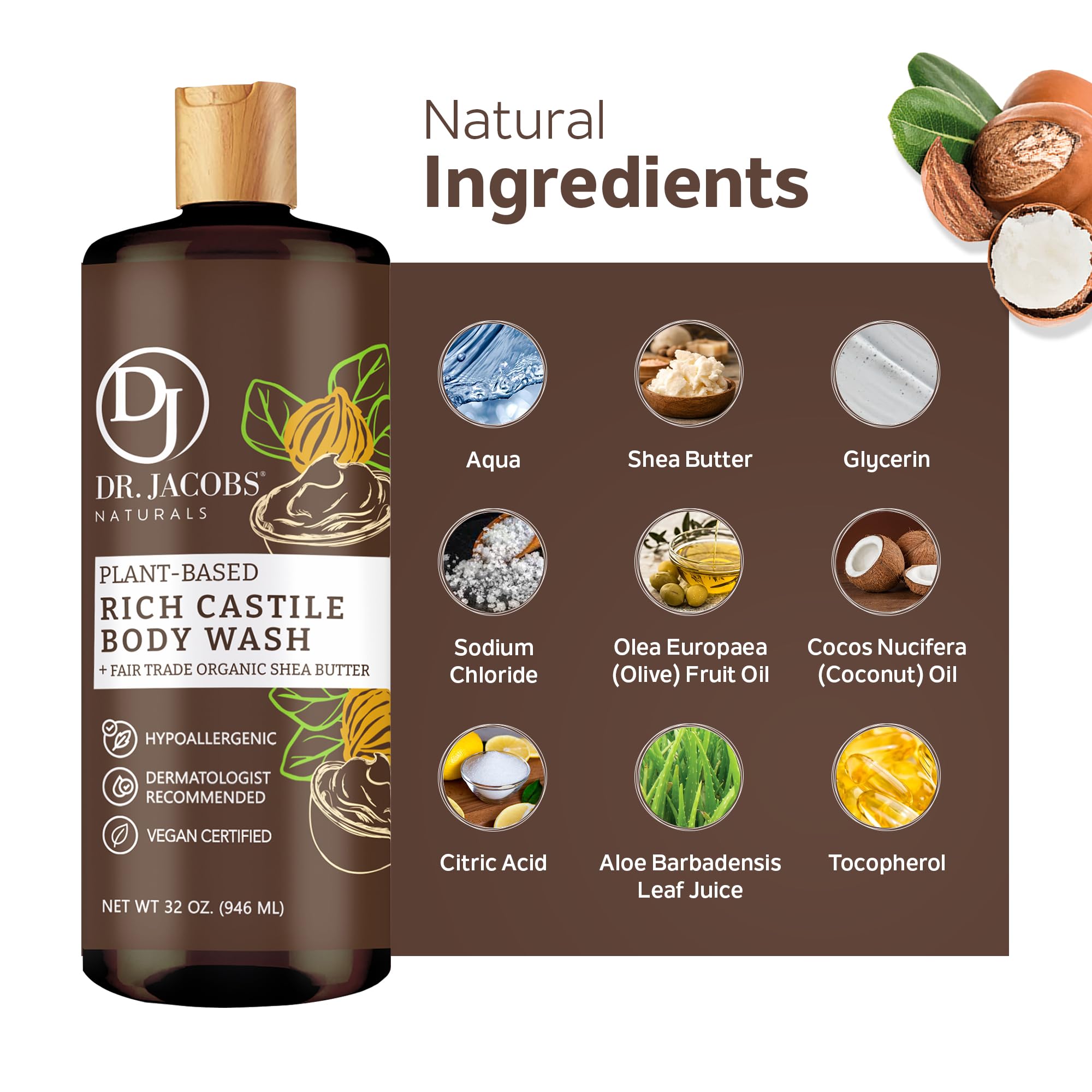 DR. JACOBS NATURALS Castile Shea Butter All-Natural Body Wash & Shampoo for Dry, Sensitive Skin - Plant-Based, Moisturizing Formula, Gluten & Preservative-Free - 32 oz (Pack of 1) - Perfect for Daily Shower & Gentle Hair Care