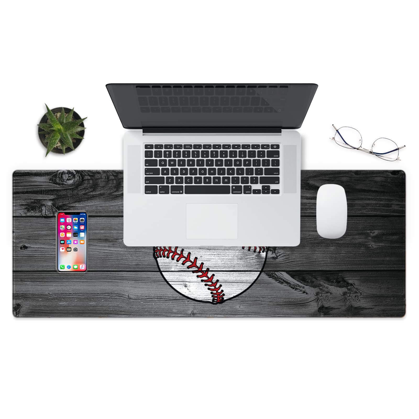 XXL Gaming Mouse Pad 31.5x11.8 Inches - Stitched Edges, Anti-Slip Rubber Base, Ergonomic Design for PC & Computer Gaming - Custom Wooden Baseball Print - Perfect for Office Work & Esports