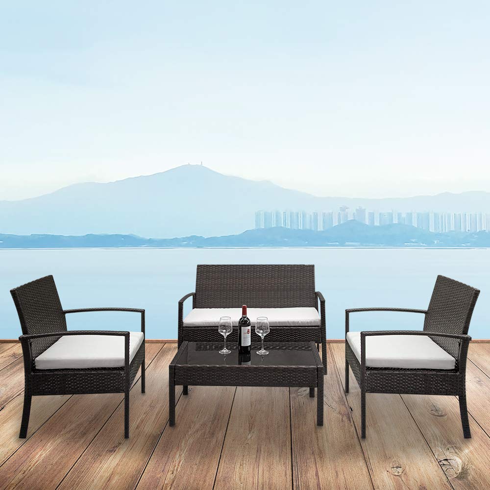 4-Piece PE Rattan Patio Furniture Set with Soft Cushions & Tempered Glass Table - Outdoor Wicker Sofa Set for Garden, Balcony, Porch, Poolside - Brown Gradient - Perfect for Relaxing, Entertaining & Outdoor Dining
