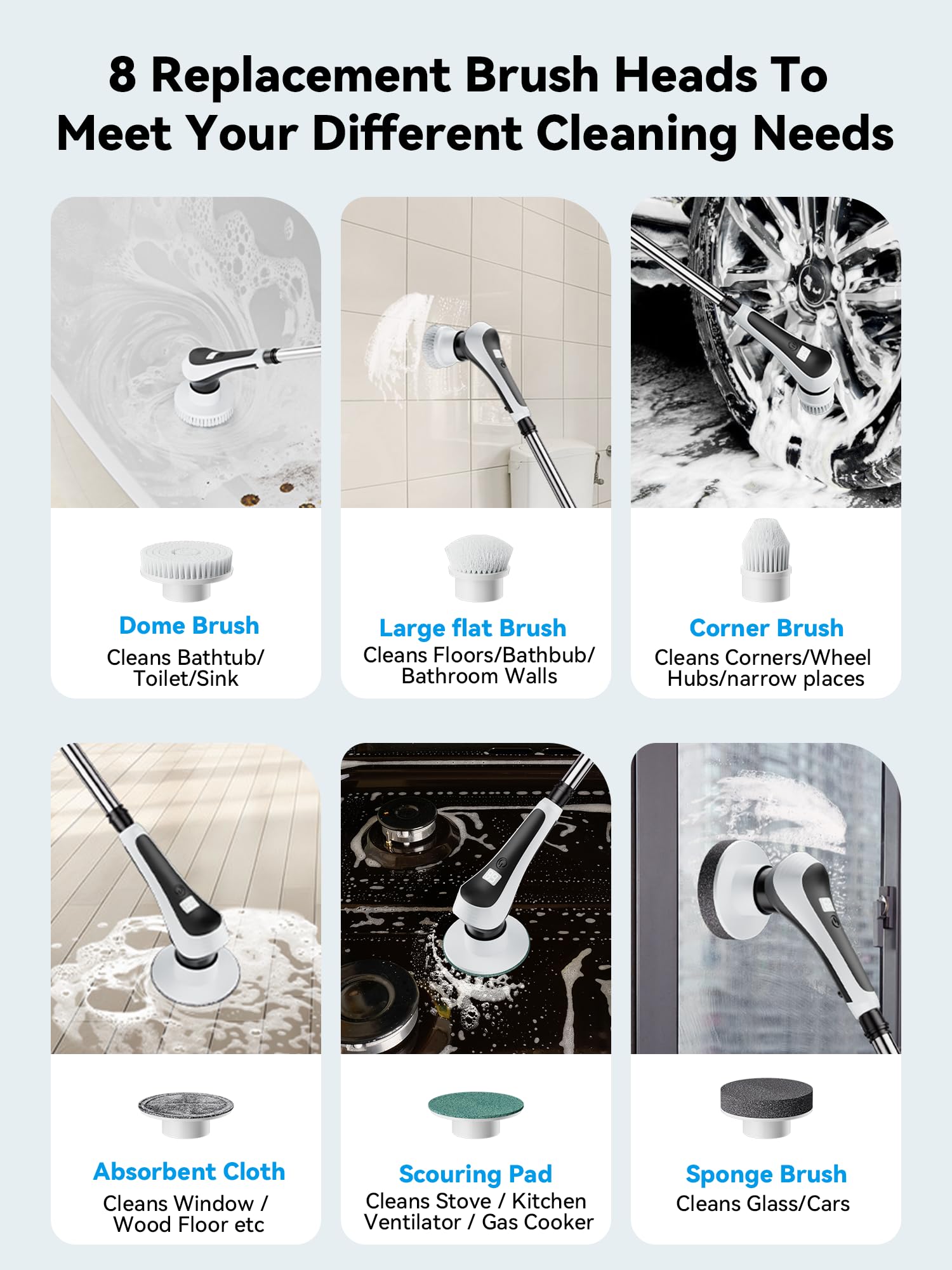 Electric Spin Scrubber - Cordless Cleaning Brush with Power Display, IP68 Waterproof Shower Scrubber, 8 Replaceable Brush Heads, Adjustable Handle & 2 Speed Settings for Bathroom, Kitchen & Tile Cleaning