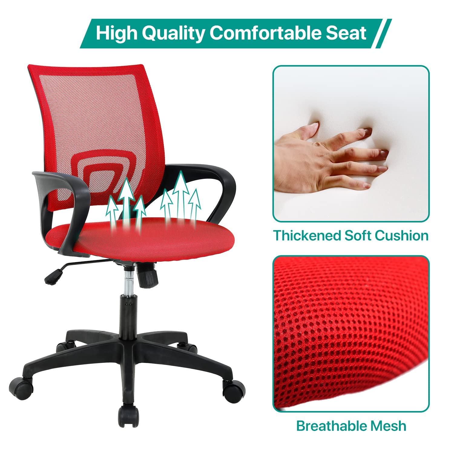 Ergonomic Office Chair with Adjustable Height, Mesh Back & Wheels - Comfortable Computer Desk Chair for Adults & Kids, Home & Office Use - Red