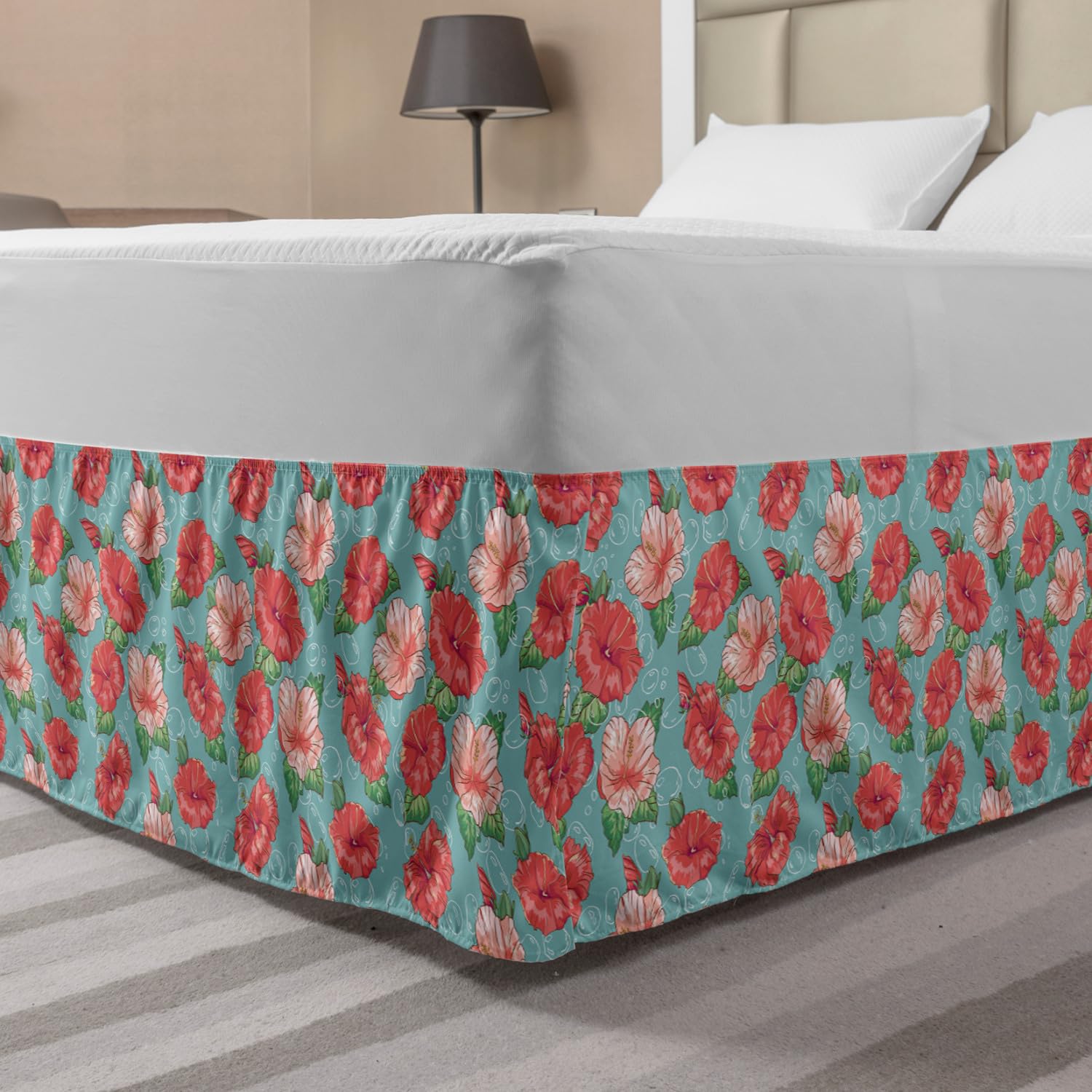 Ambesonne King Size Elastic Bed Skirt - Tropical Hibiscus Flower & Bubble Design Wrap Around Dust Ruffle, Teal Coral Bedroom Decor for Master Bedroom, Guest Room or Vacation Home