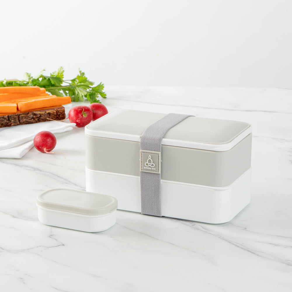 Bento Tek 41 oz Gray & White Buddha Box - All-in-One Lunch Container with Utensils & Sauce Cup (7.25