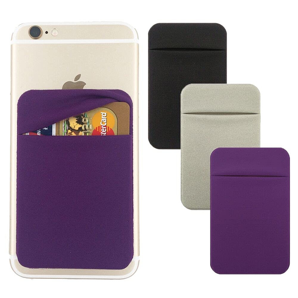 3Pack Sticky Phone Card Holder - Double Pocket Wallet Sticker for ID, Credit Cards & Cash - Stretchy Adhesive Back for All Smartphones (Purple, Silver, Black) | Perfect for Travel, Shopping & Daily Commute