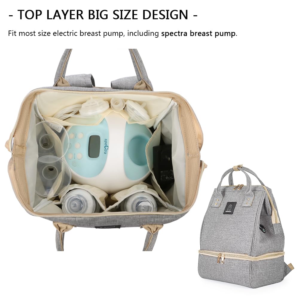 Breast Pump Backpack with Cooler & Moistureproof Double Layer - Large Grey Nursing Bag for Breastfeeding Moms, USB Charging Port - Perfect for Work, Travel & Outdoor Pumping
