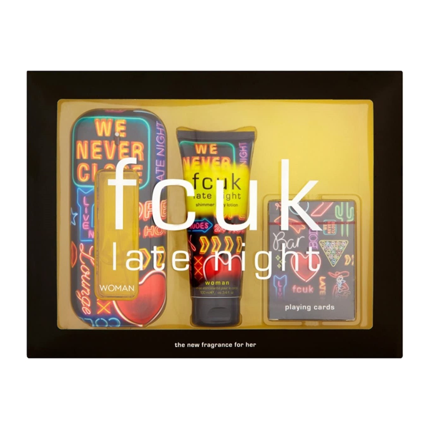 FCUK Late Night Her Gift Set for Women - 100ML EDT Spray + 100ML Shimmer Body Lotion + Playing Cards (No Box) - Perfect for Birthday, Anniversary & Valentine's Day Gifts