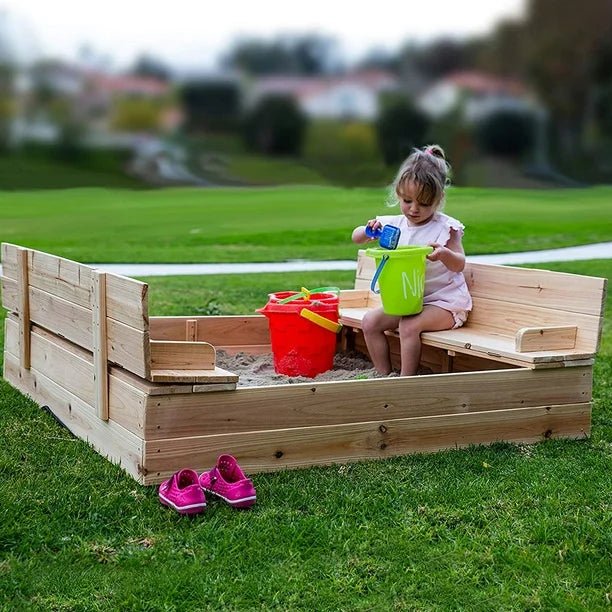 Kids Wooden Sandbox with Lockable Cover - Outdoor Backyard Play Structure for Toddlers | Durable & Safe Sand Box for Children's Playground, Garden, or Patio | C529