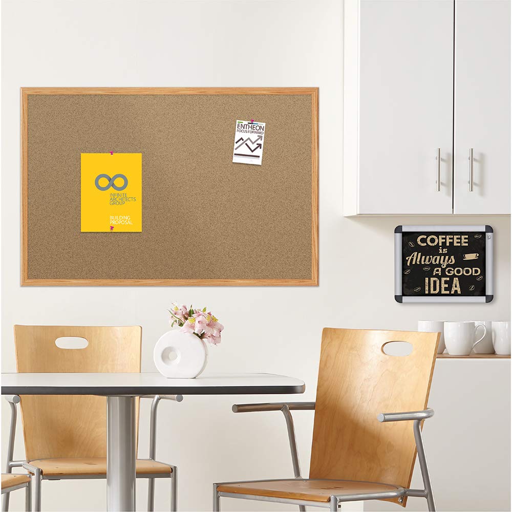 Premium Mead Cork Bulletin Board 4' x 3' with Oak Finish Frame - Wall Mounted Message Board for Office, Classroom & Home Organization - Perfect for Notes, Photos & Reminders
