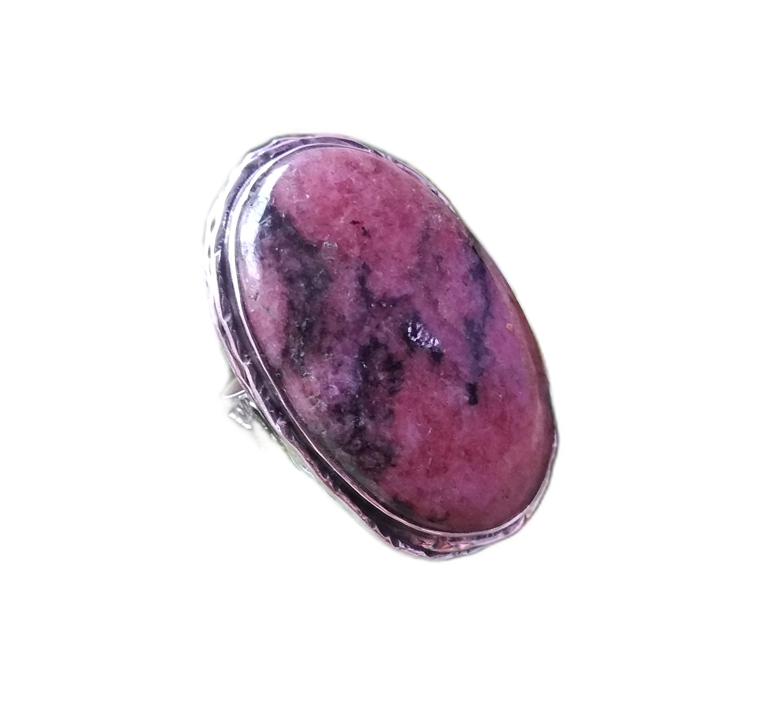 Rhodonite Ring Sterling Silver - Bohemian Statement Jewelry for Women, Vintage Style Healing Crystal Ring - Perfect for Anniversary, Bridesmaid Gift, Promise Ring & Hippie Fashion Accessories
