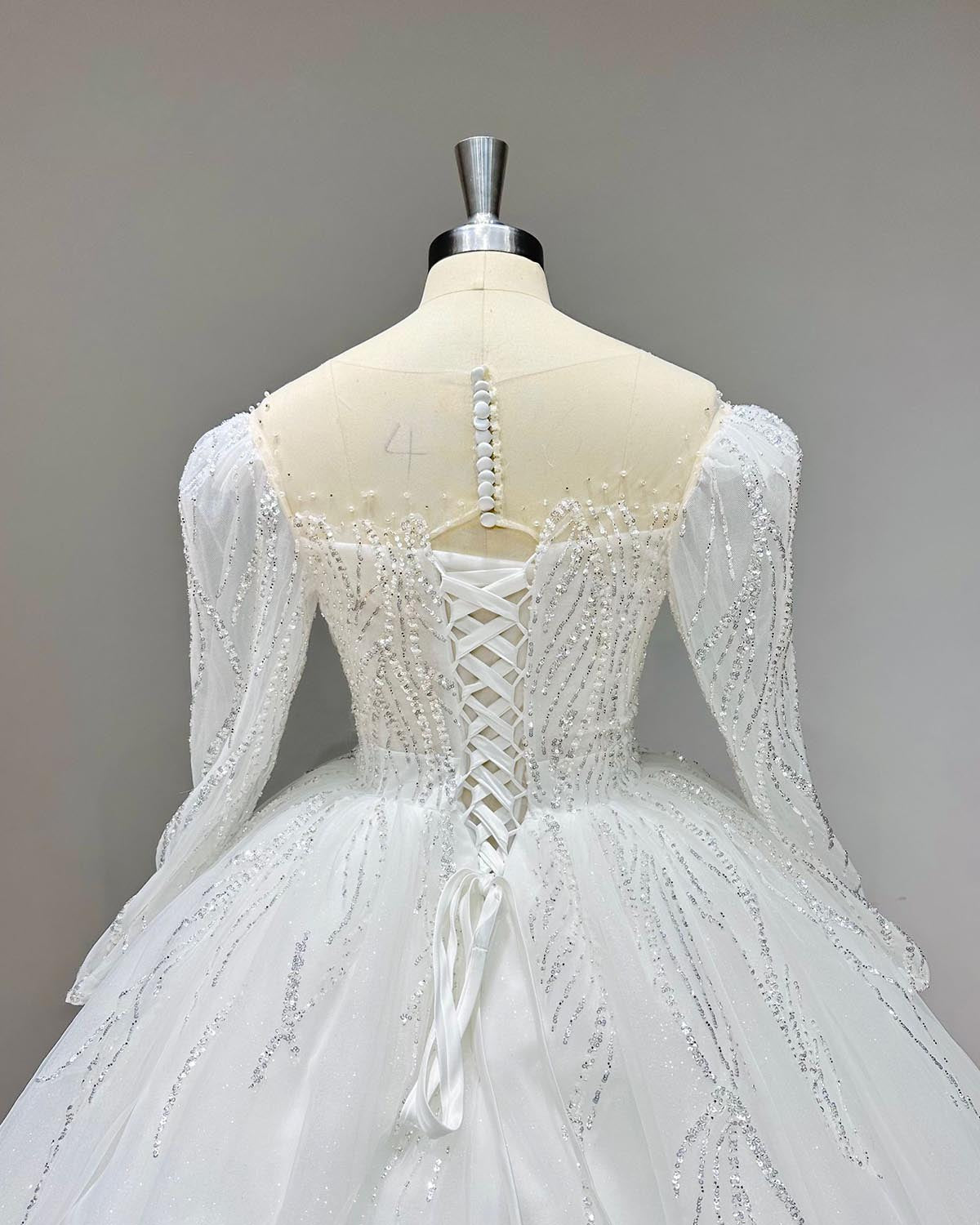 Sparkling Long Sleeve Wedding Dress with Lace-Up Back & Sequined Beading - Perfect for Bridal, Prom, and Formal Occasions