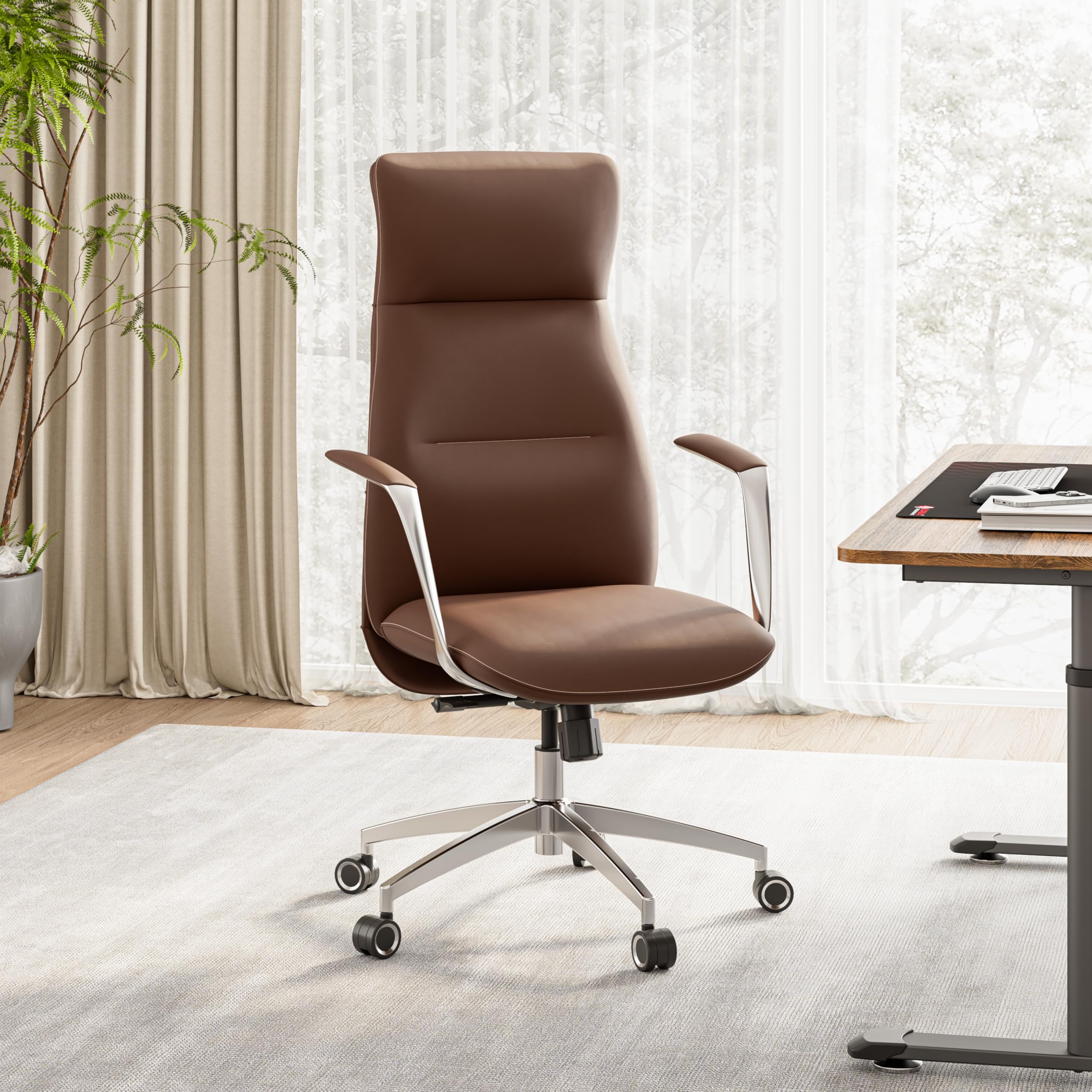 Premium High Back Executive Office Chair - Brown Genuine Leather Ergonomic Desk Chair for Adults, Big & Tall with 360° Swivel & Smooth-Rolling Wheels - Perfect for Home Office, Conference Rooms & Corporate Workspaces