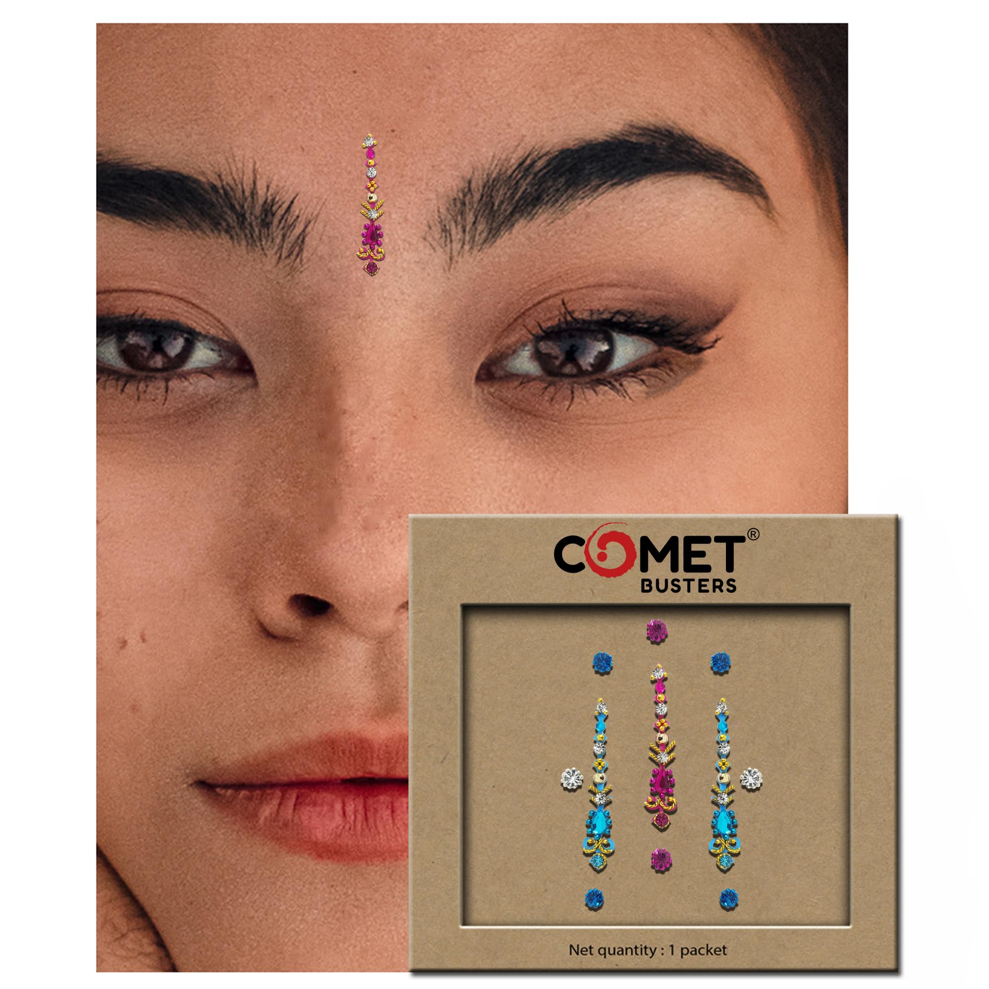 Comet Busters Pink and Blue Long Bindi for Women - 26mm Indian Forehead Jewelry (BV016) | Perfect for Diwali, Weddings & Festive Occasions