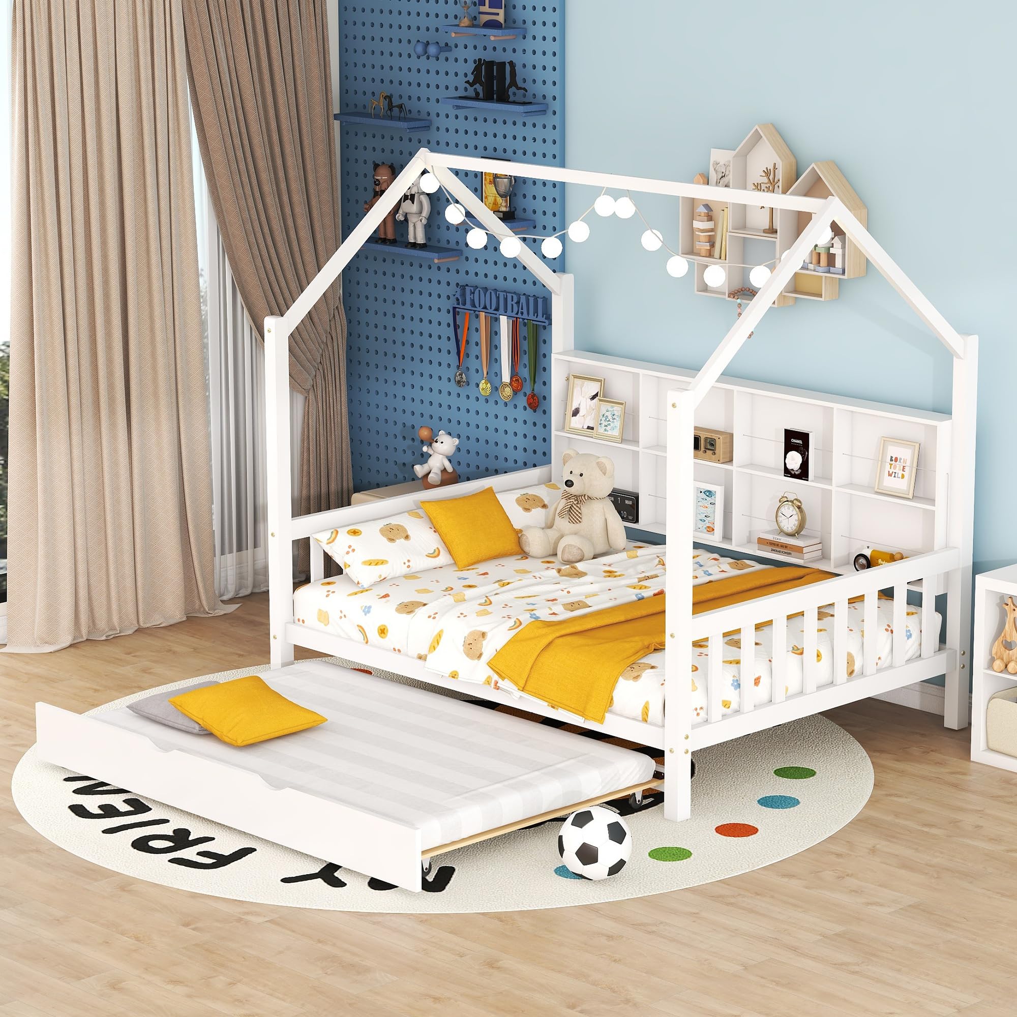 Harper & Bright Designs Full Size House Bed with Trundle - Wooden Bed Frame with Storage Shelf, Playhouse Bed for Kids (Girls & Boys) - No Box Spring Needed, White - Perfect for Bedrooms, Playrooms & Montessori Spaces