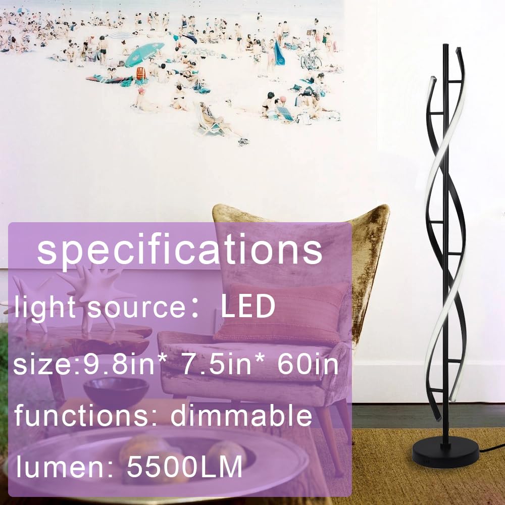 ADISUN 40W LED Modern Spiral Floor Lamp with Remote Control - Dimmable Tall Standing Light for Living Room, Bedroom, Office - Black Indoor Lighting for Home Decor & Reading
