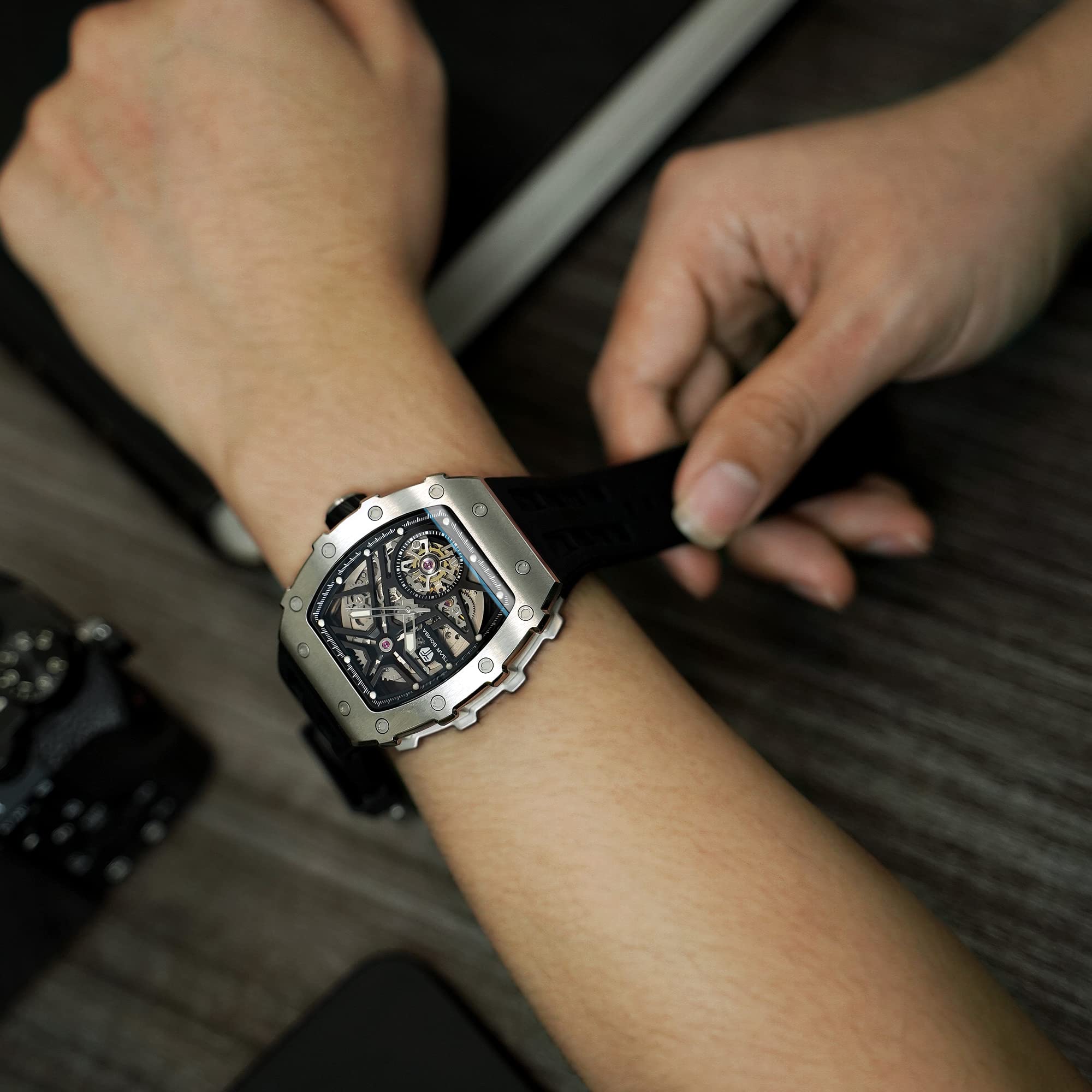 TSAR BOMBA Men's Automatic Skeleton Watch - Luxury Tonneau Design, 50M Waterproof, Silver Square Big Face with Silicone Strap - Perfect for Business, Formal Events & Everyday Wear