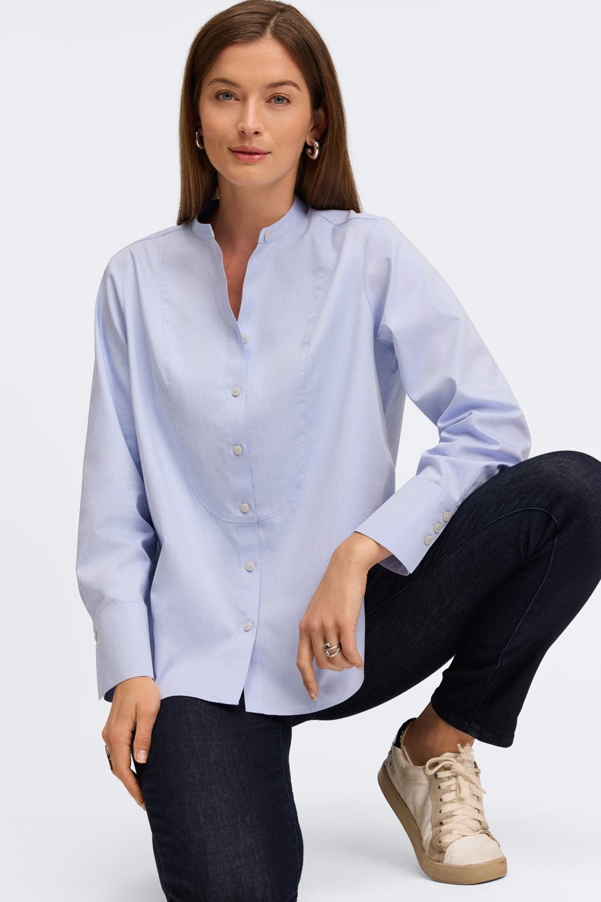 Premium No-Iron Pinpoint Tuxedo Bib Long Sleeve Tunic Shirt for Men - Formal Office Wear & Special Occasions