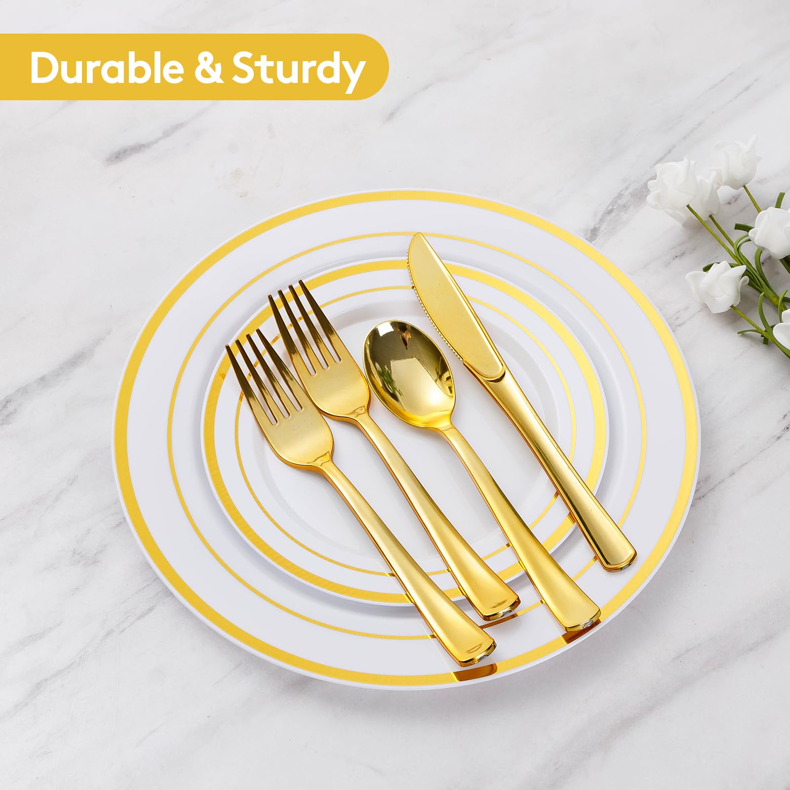 600-Piece Gold Disposable Plastic Party Dinnerware Set - Includes 100 Dinner Plates, 100 Salad Plates, 100 Spoons, 100 Forks, 100 Knives & 100 Cups - Elegant Tableware for Weddings, Banquets, Catering & Large Gatherings