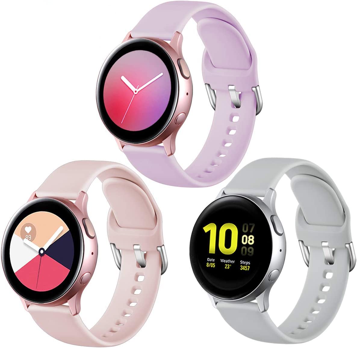 Lerobo 20mm Silicone Sport Watch Bands 3-Pack - Compatible with Samsung Galaxy Active 2 (40mm/44mm), Galaxy Watch 3 (41mm), Galaxy Watch (42mm) - Pink Sand, Lavender, Gray - Soft Durable Strap for Workout, Running & Daily Wear