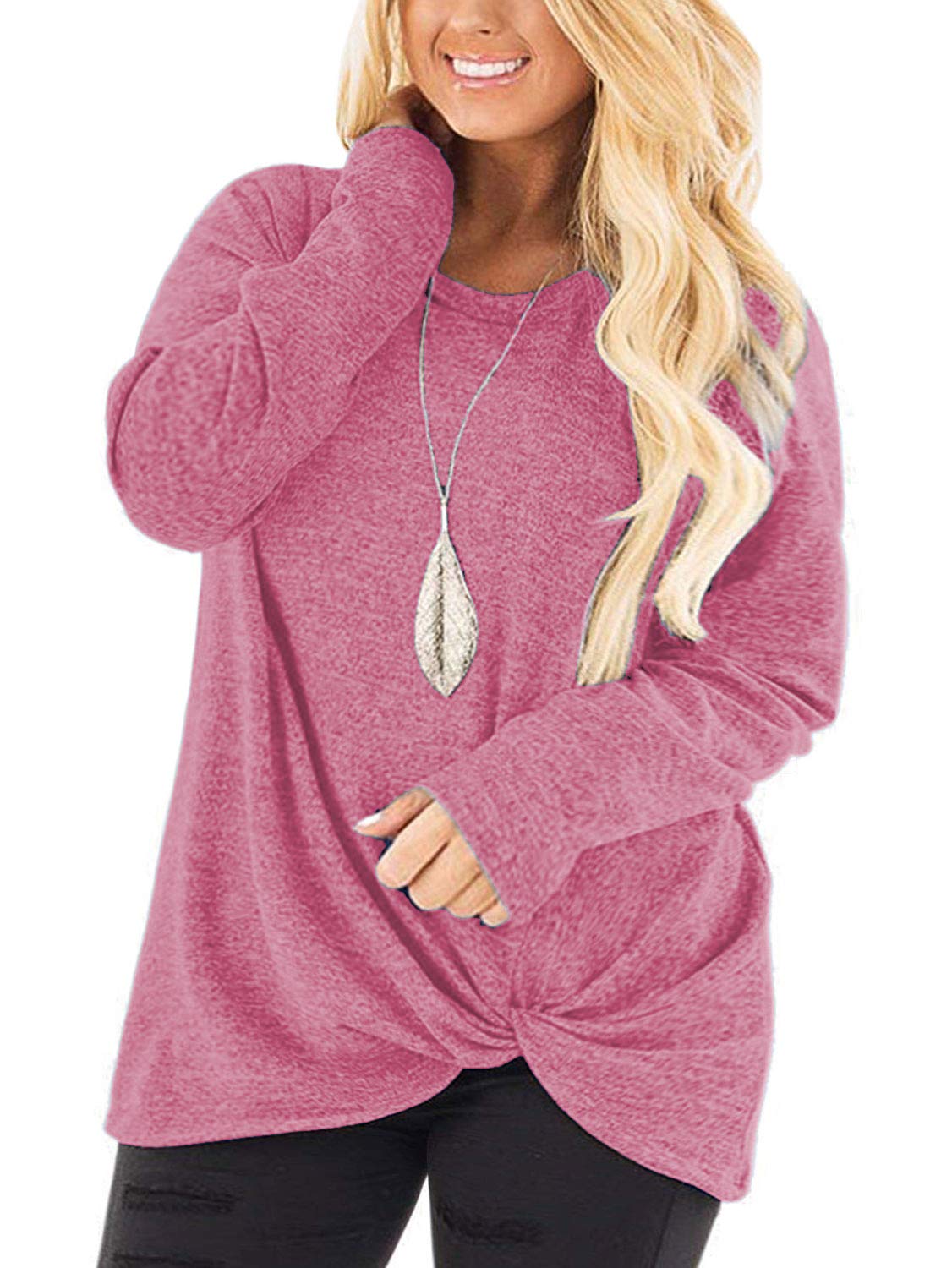 DOLNINE Women's Plus Size Knotted Long Sleeve T-Shirt - Loose Casual Blouse for Everyday Wear, Work & Date Night Outfits