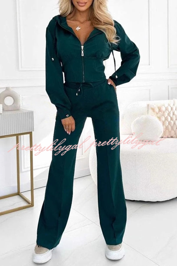 Solid Color Zip-Up Hooded Jacket & Elastic Waist Pocket Wide Leg Pants Set for Women | Casual Streetwear Outfit | Perfect for Workout, Running, and Daily Wear