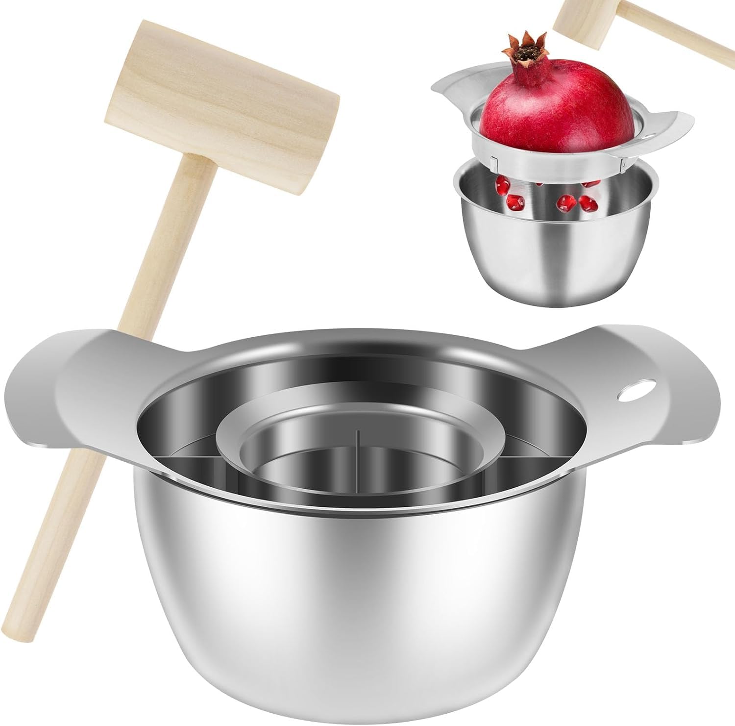 Premium Stainless Steel Pomegranate Deseeder & Peeling Tool Set with Bowl & Wooden Hammer - Efficient Pomegranate Aril Removal for Smoothies, Salads & Healthy Snacks - Kitchen Gadget for Fruit Lovers (1 Set)