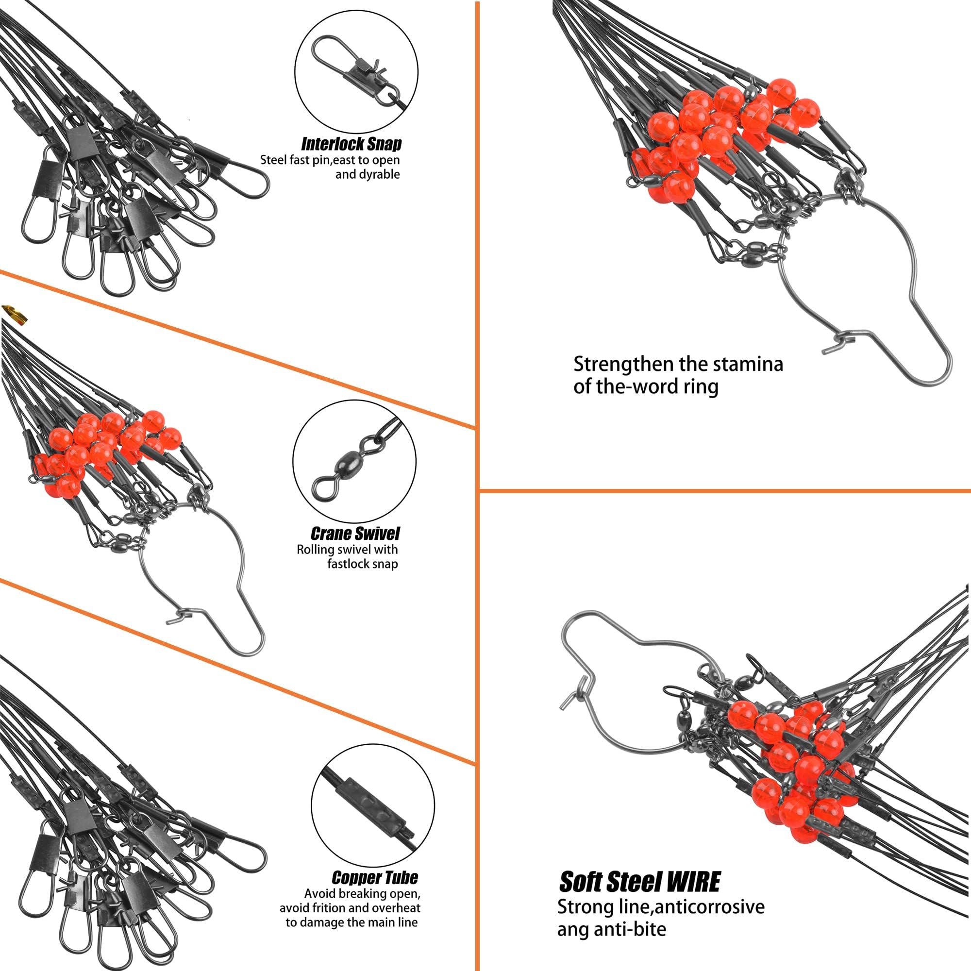 12pcs/24pcs Saltwater Fishing Leader Rigs with Swivel Snaps & Red Beads - Premium Steel Wire Bottom Rigs for Baits, Lures & Hooks - Ideal for Ocean Fishing, Pier Fishing & Deep Sea Angling