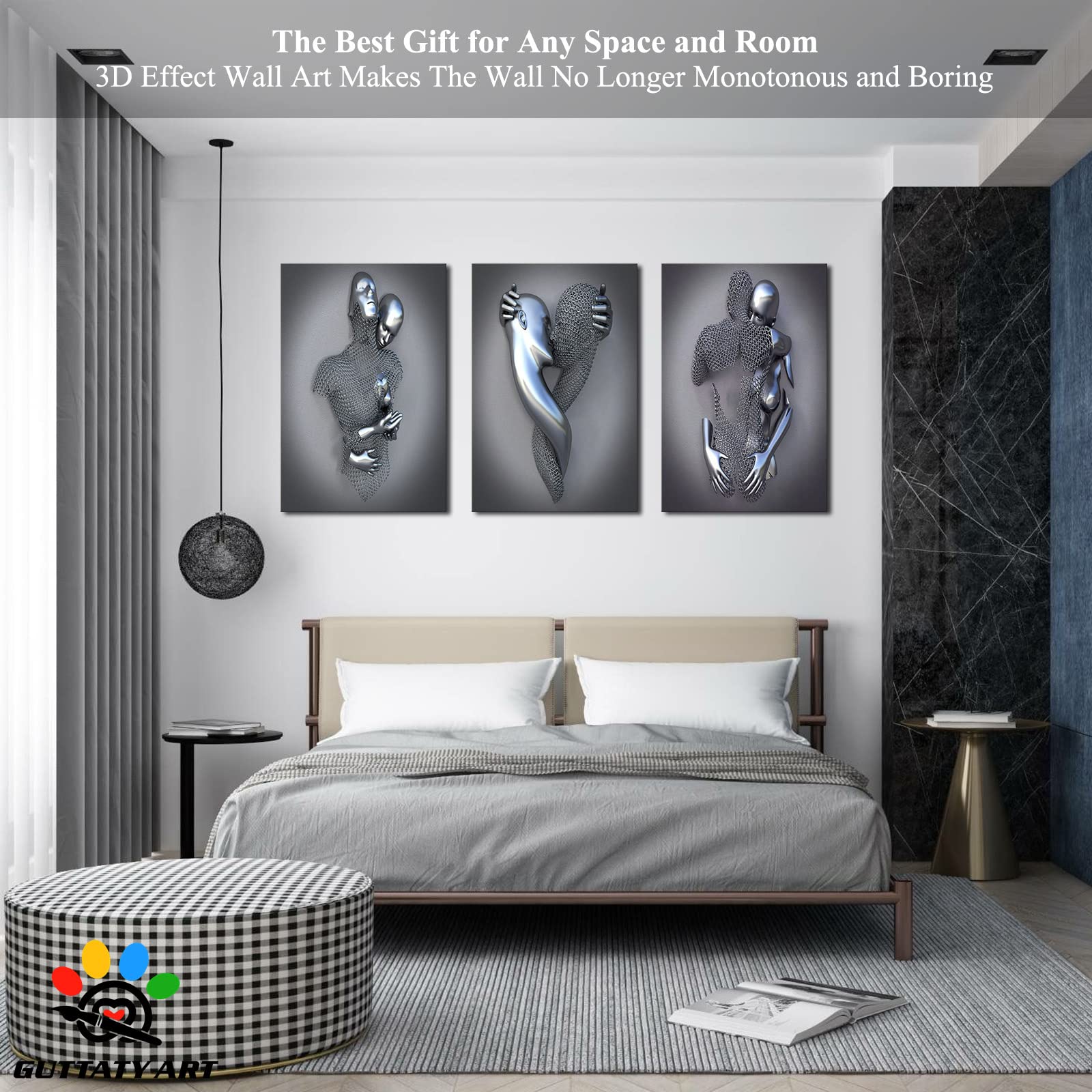 3D Metal Heart Wall Art - Gray & Silver Modern Canvas Painting Set (24