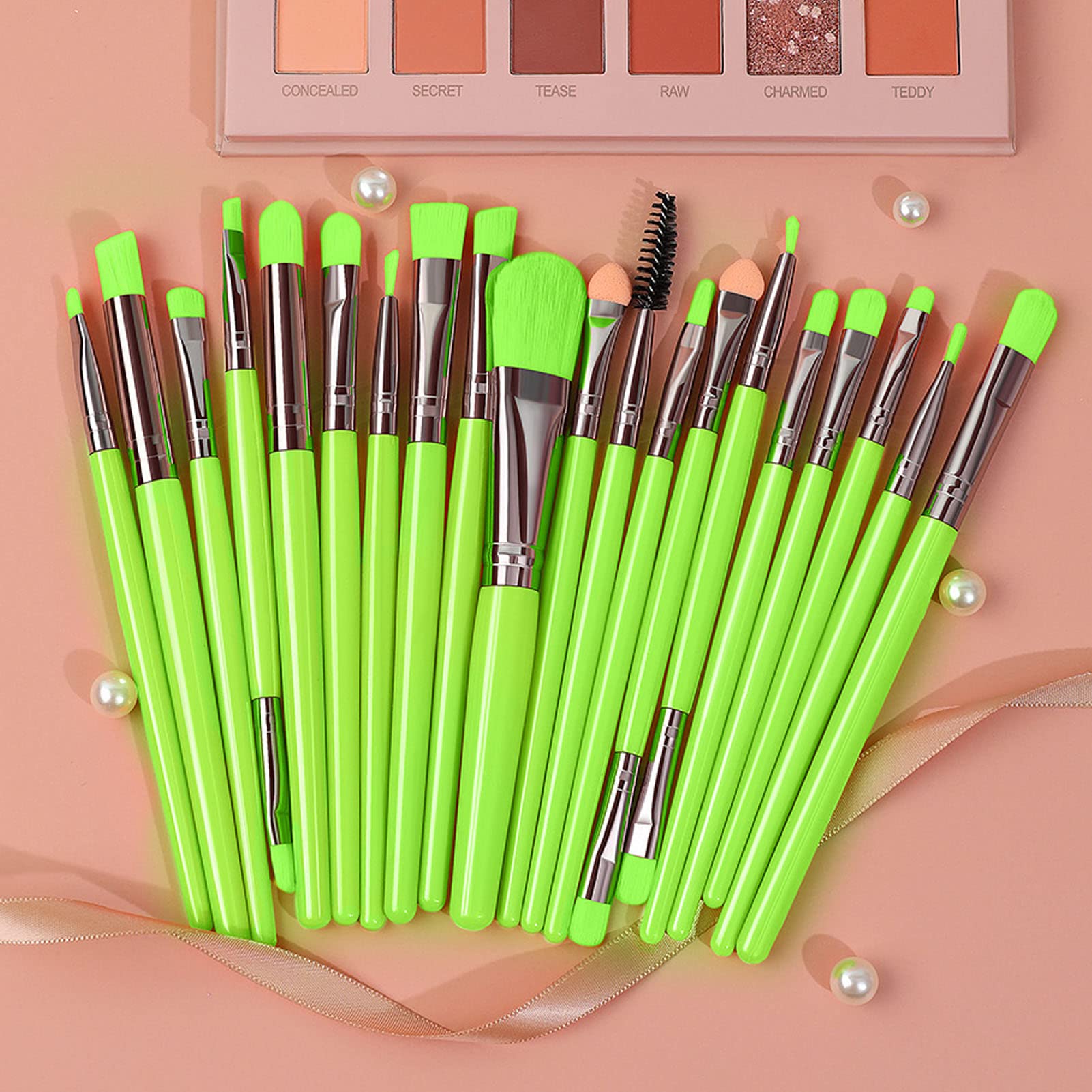 20Pcs Soft Safe Fiber Makeup Brush Set with Plastic Handle & Aluminum Ferrule - Multipurpose Powder, Eyeshadow & Blush Brush (Fluorescent Green) - Perfect for Professional Makeup Artists & Home Beauty Routines