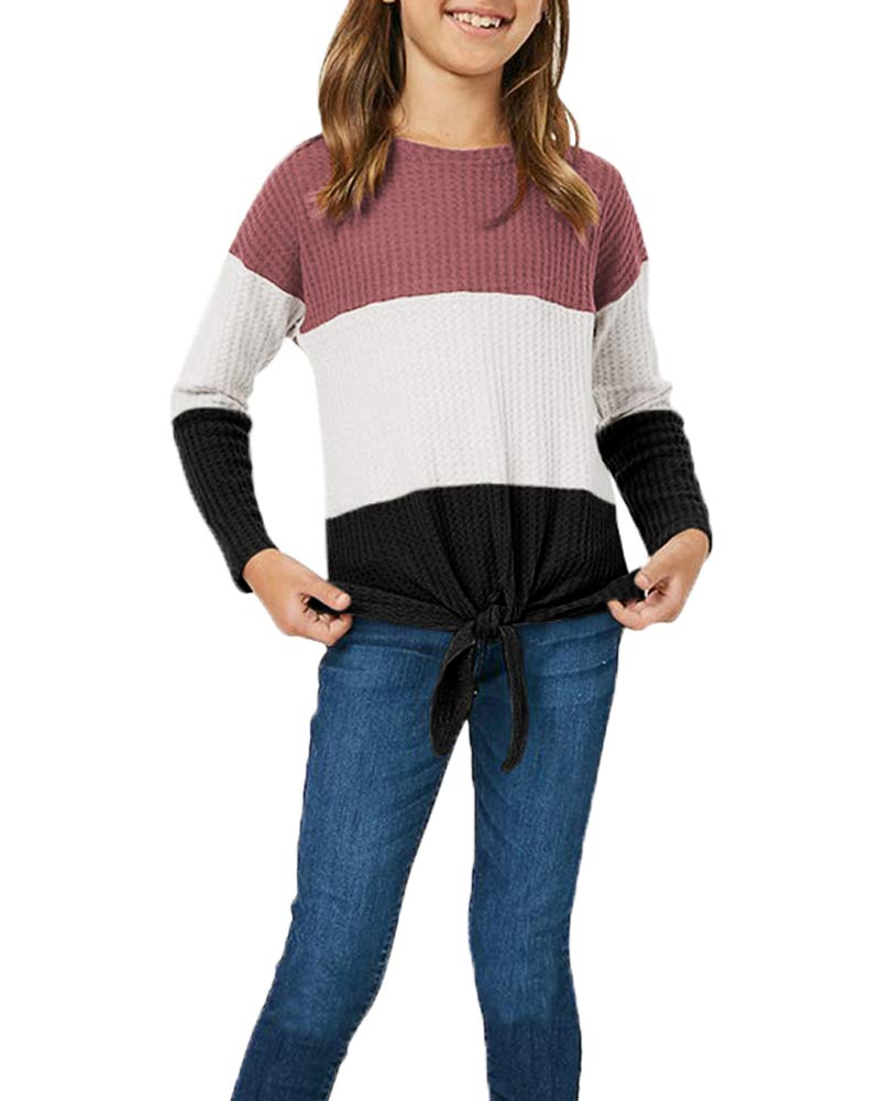 Girls Waffle Knit Colorblock Tie-Front Long Sleeve Tunic Top - Casual Comfortable Kids Fashion for School, Playdates & Everyday Wear