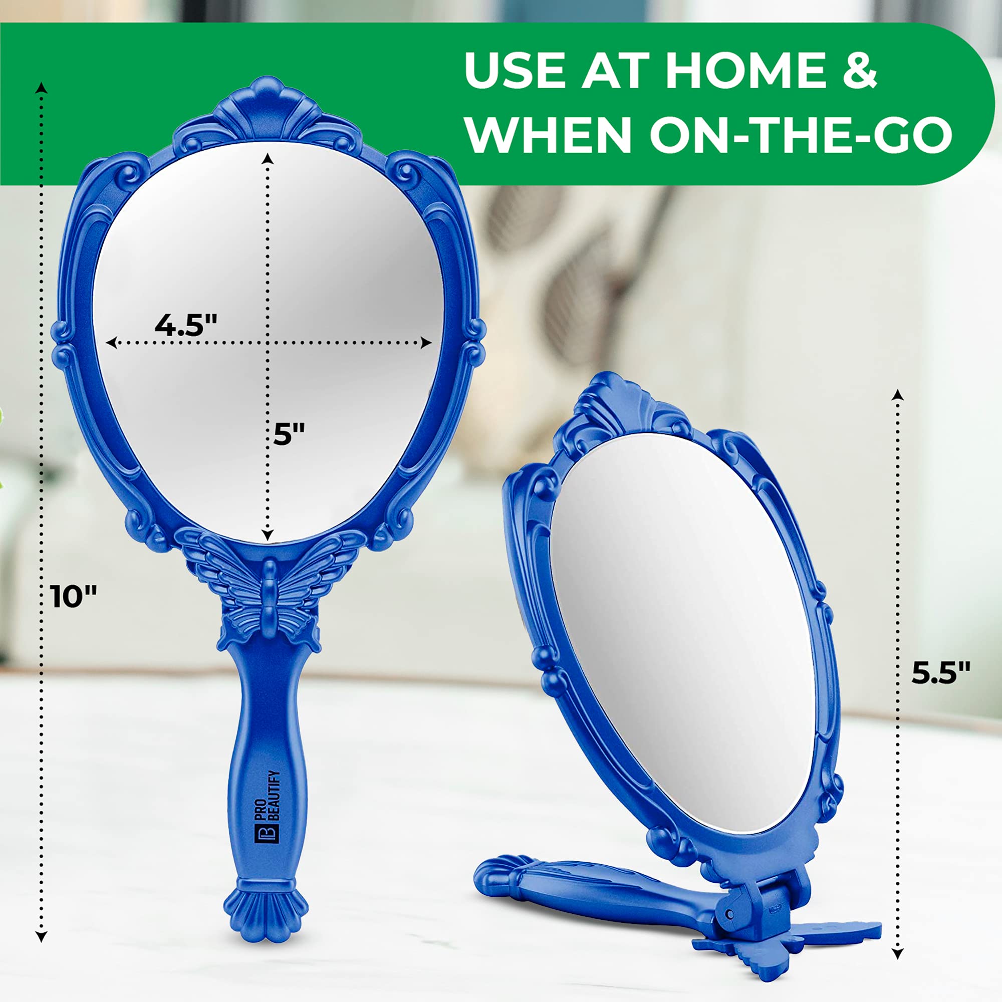Butterfly Design Handheld Mirror with Handle - 180° Folding Portable Makeup Mirror for Travel, Lightweight & Durable - Perfect for Home, Office, and On-the-Go Touch Ups (Blue)