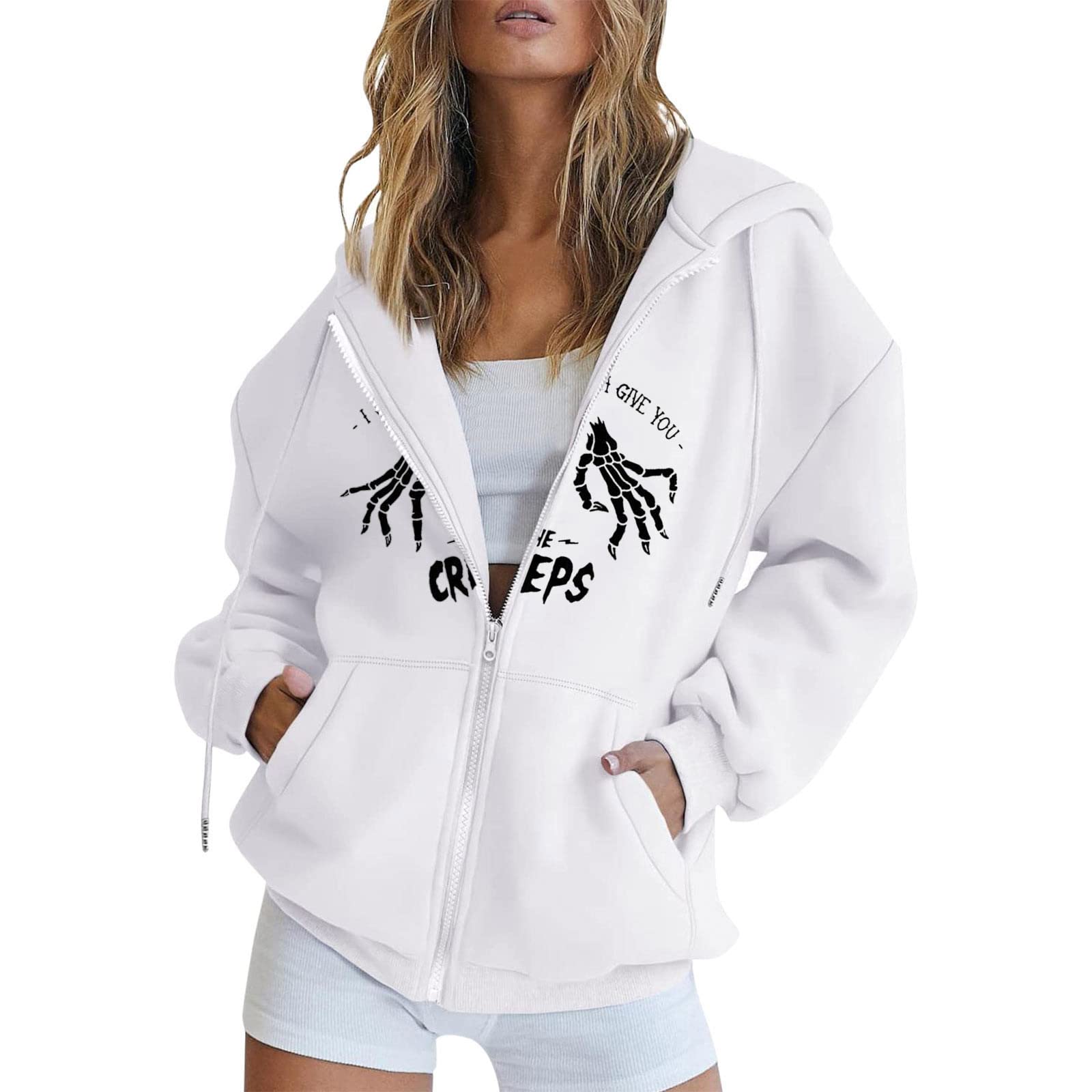 Gothic Women's Long Sleeve Zip Up Hoodie with Lace Detail & Pockets - Cozy Sweatshirt Jacket for Casual Wear (White, Large) | Perfect for Fall Layering, Street Style & Everyday Comfort