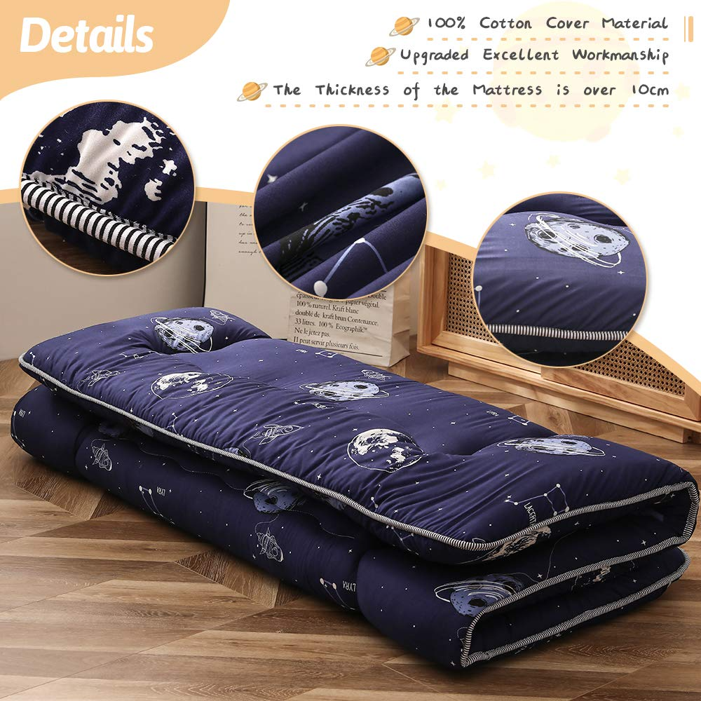 MAXYOYO Navy Space Adventure Japanese Floor Futon Mattress - Comfortable Foldable Sleeping Pad for Guest Bed, Camping & Small Spaces