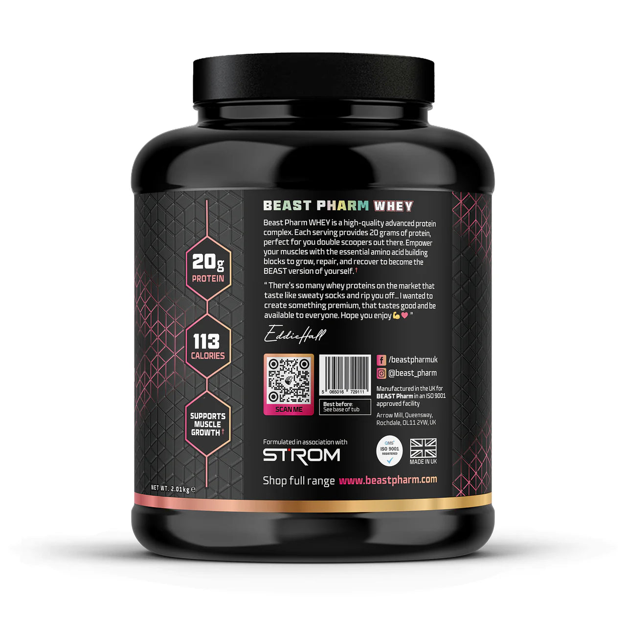 Beast Pharm Whey Protein Powder 2kg (4.4 lbs) - Premium Muscle Recovery Supplement | Eddie Hall Approved | Ideal for Post-Workout, Weight Training & Bodybuilding