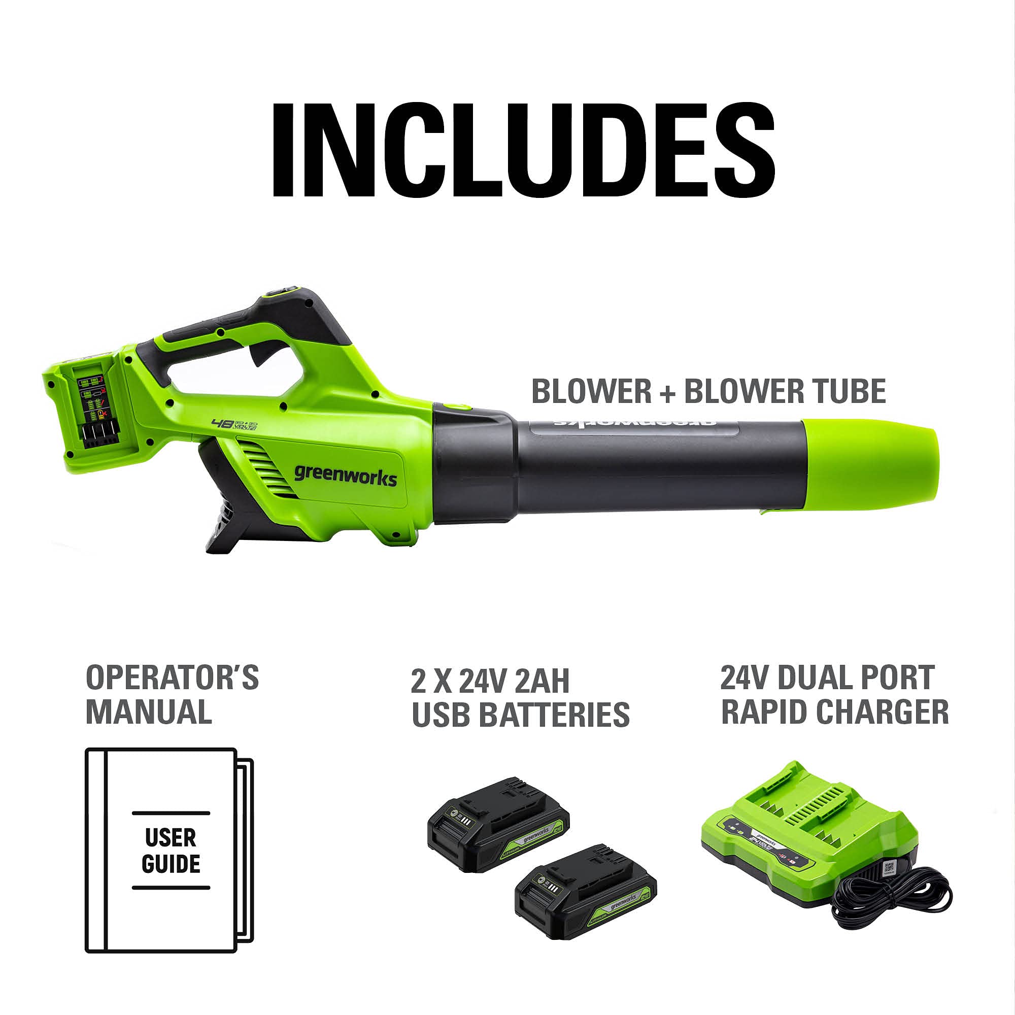 Greenworks 48V Cordless Axial Leaf Blower Kit with 2 x 24V 2Ah USB Batteries & 4A Dual Port Charger - Powerful Yard Cleanup for Leaves, Grass Clippings & Debris