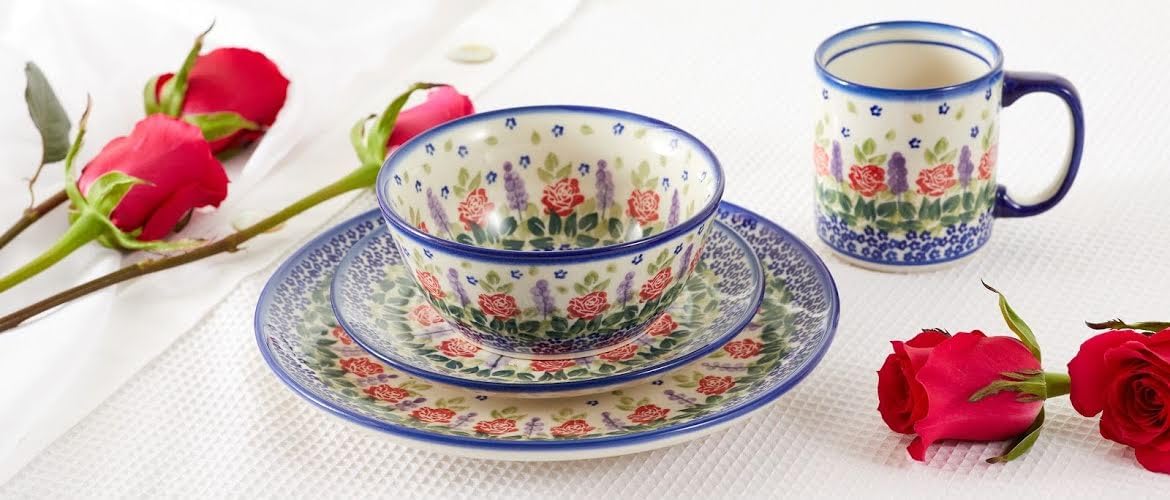 Handmade Blue Rose Polish Pottery Bowl - Ceramic Soup & Cereal Bowl Set - Floral Design Kitchenware for Breakfast, Dining & Home Decor