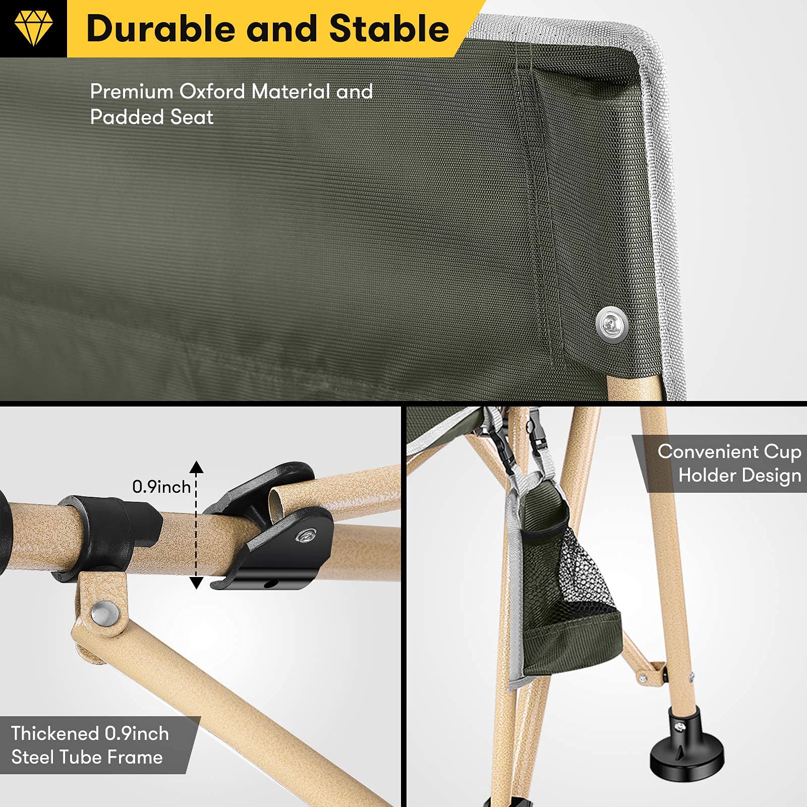 Heavy Duty Oversized Folding Camping Chair with Padded Seat - Supports 400 lbs - Portable Beach Lawn Chair for Outdoor Activities - Includes Storage & Carry Bag - Perfect for Camping, Hiking, Picnics, Fishing (Army Green)