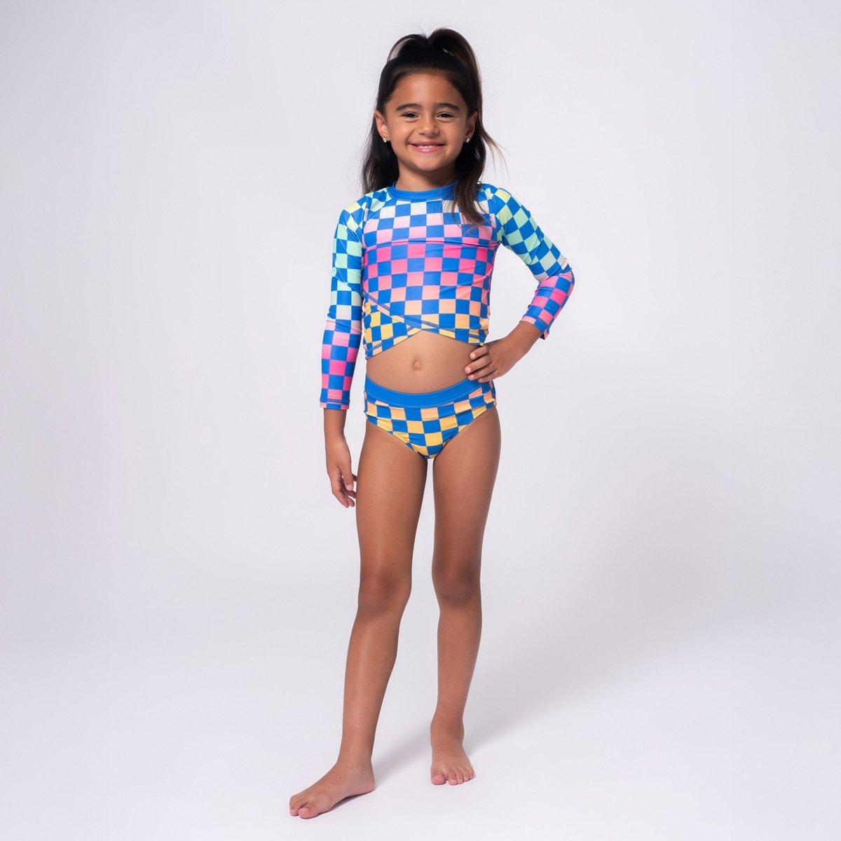 Checkered Long Sleeve Rash Guard Two Piece Swimsuit Set for Women - UPF 50+ Sun Protection, Quick Dry Swimwear for Beach, Pool & Surfing