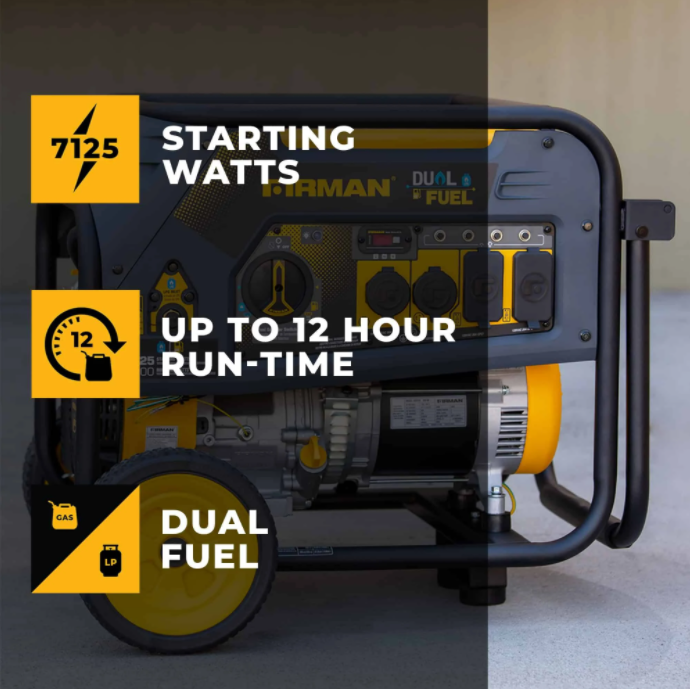 Firman H05752 5700W/7125W 30 Amp Recoil Start Dual Fuel Portable Generator - Gas & Propane Powered for Home Backup, Camping & Outdoor Power Supply