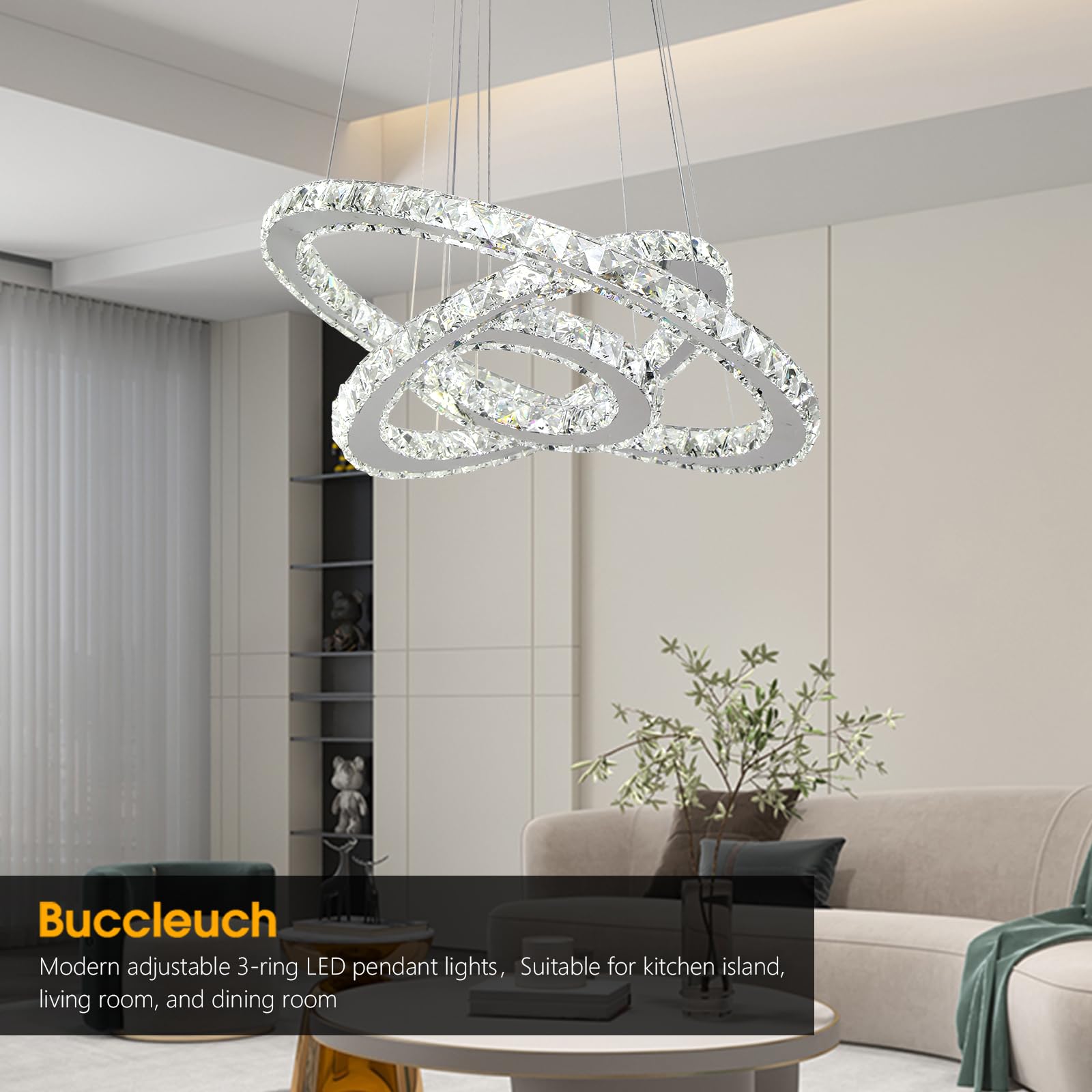 Buccleuch 3-Ring Adjustable Dimmable LED Crystal Chandelier - Stainless Steel Ceiling Light Fixture with Silver Crystals for Dining Room, Bedroom, Living Room - Perfect for Elegant Home Decor & Romantic Ambiance Lighting - ETL Certified