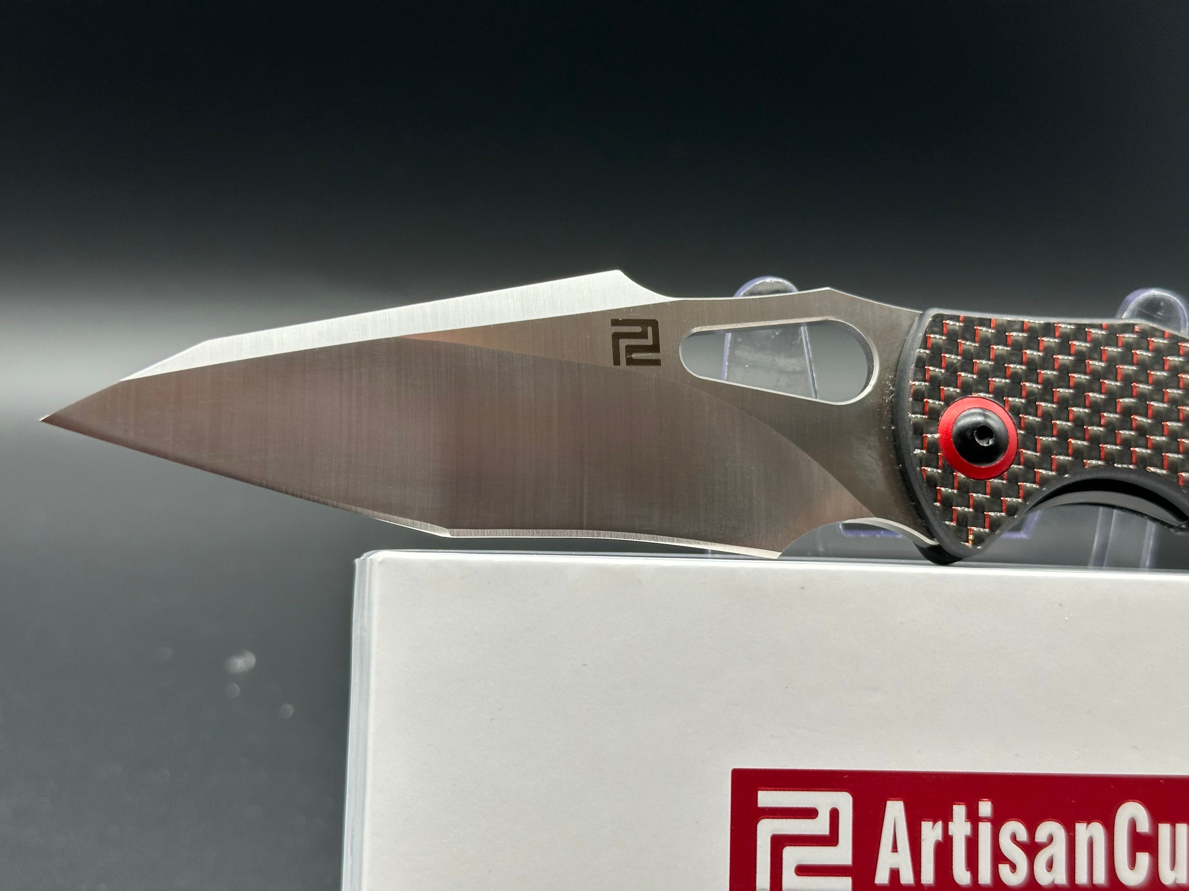 ARTISAN CUTLERY GREAT WHITE Folding Knife - Black & Red Carbon Fiber Handle, EDC Pocket Knife for Outdoor Camping, Hiking & Everyday Carry