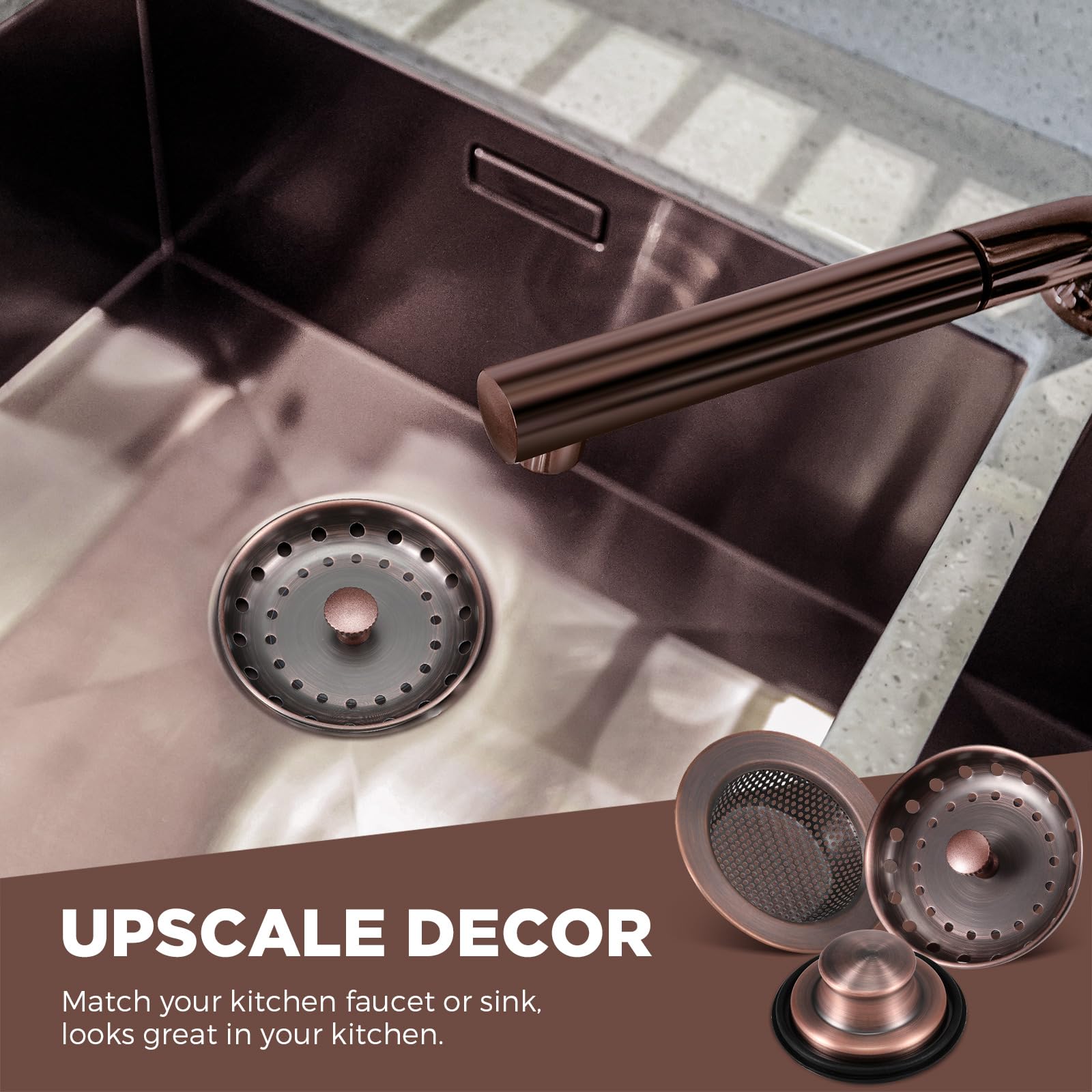 3-Pack Stainless Steel Kitchen Sink Drain Strainer & Stopper - Universal Garbage Disposal Plug with Handle, Anti-Clogging Filter Sieve Basket (Antique Copper) for Easy Food Waste Disposal - Perfect for Kitchen Sinks, Bar Sinks, and Utility Sinks