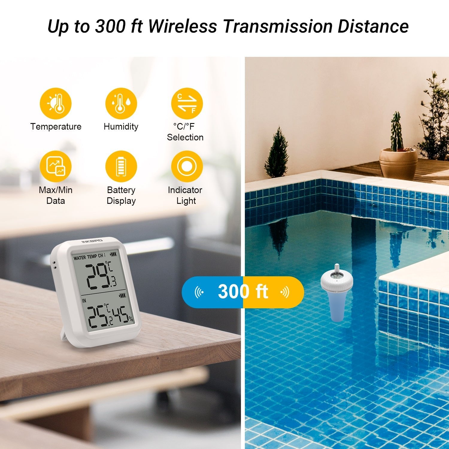 Wireless Pool Thermometer Set IBS P01R - Accurate Water Temperature Monitor for Swimming Pools, Spas & Hot Tubs - Perfect for Home, Vacation & Outdoor Water Activities