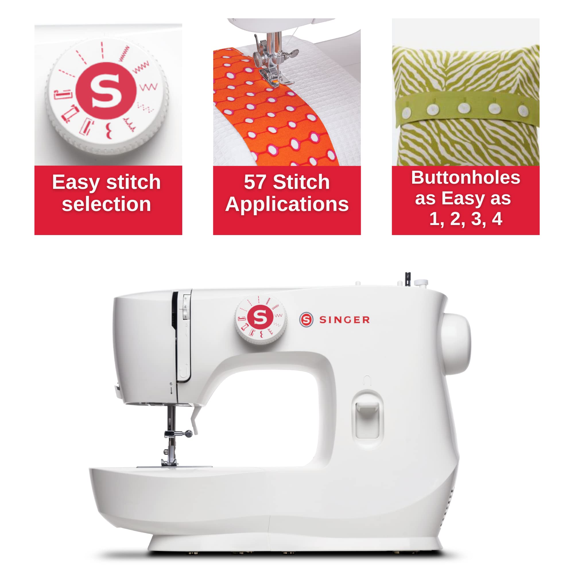 SINGER MX60 Lightweight Portable Sewing Machine with 57 Stitch Applications, LED Light & Foot Pedal | Complete Accessory Kit & 4-step Buttonhole | Perfect for Home Sewing, Quilting, Dressmaking & DIY Crafts | Beginner Friendly Sewing Machine for Mending & Alterations