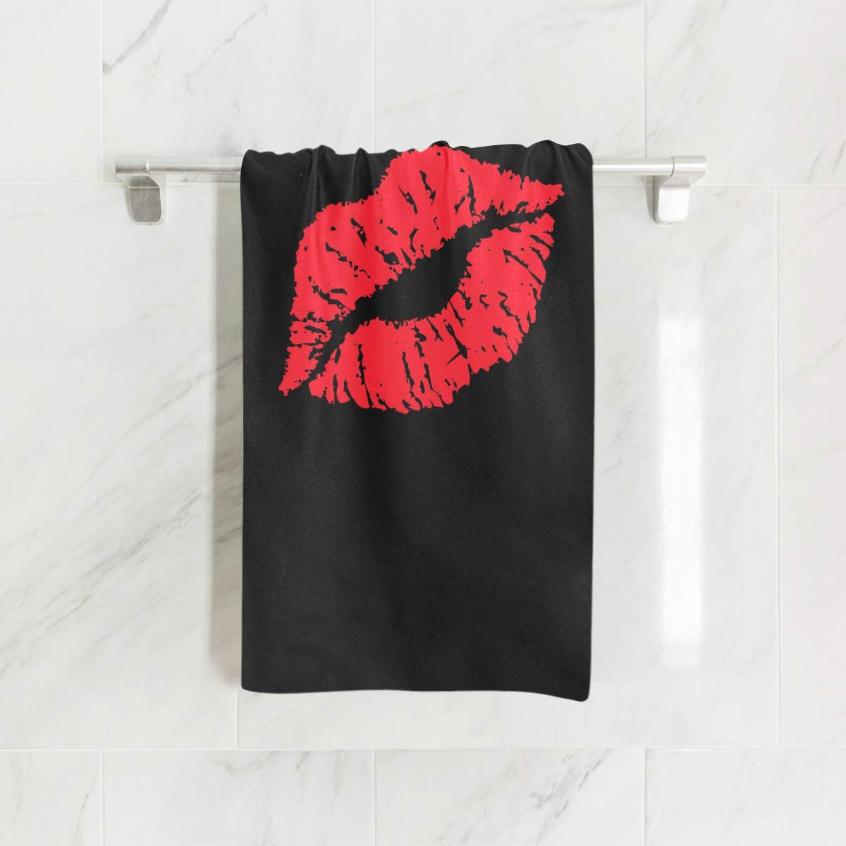 Sexy Red Lip Print Soft Bath Towel - Super Absorbent Black Hand Towel 30x15 Inches for Bathroom, Hotel, Gym & Spa - Perfect for Showers, Yoga & Relaxation
