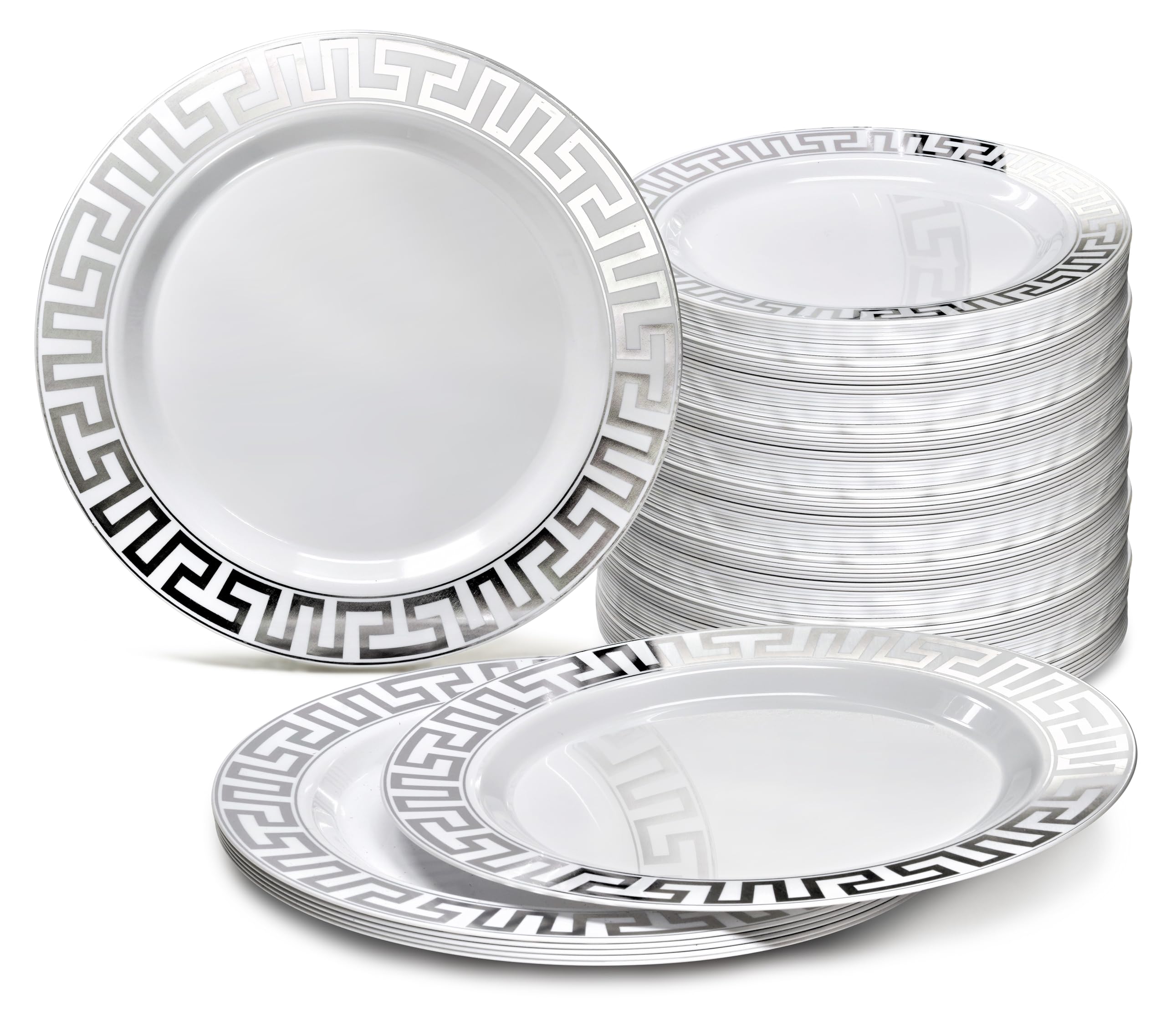 240-Pack Heavyweight Disposable Plastic Plates for Weddings & Parties - 7.5'' Appetizer/Dessert Plates in Elegant White & Silver Milano Design | Perfect for Catering, Birthday Celebrations, and Formal Events