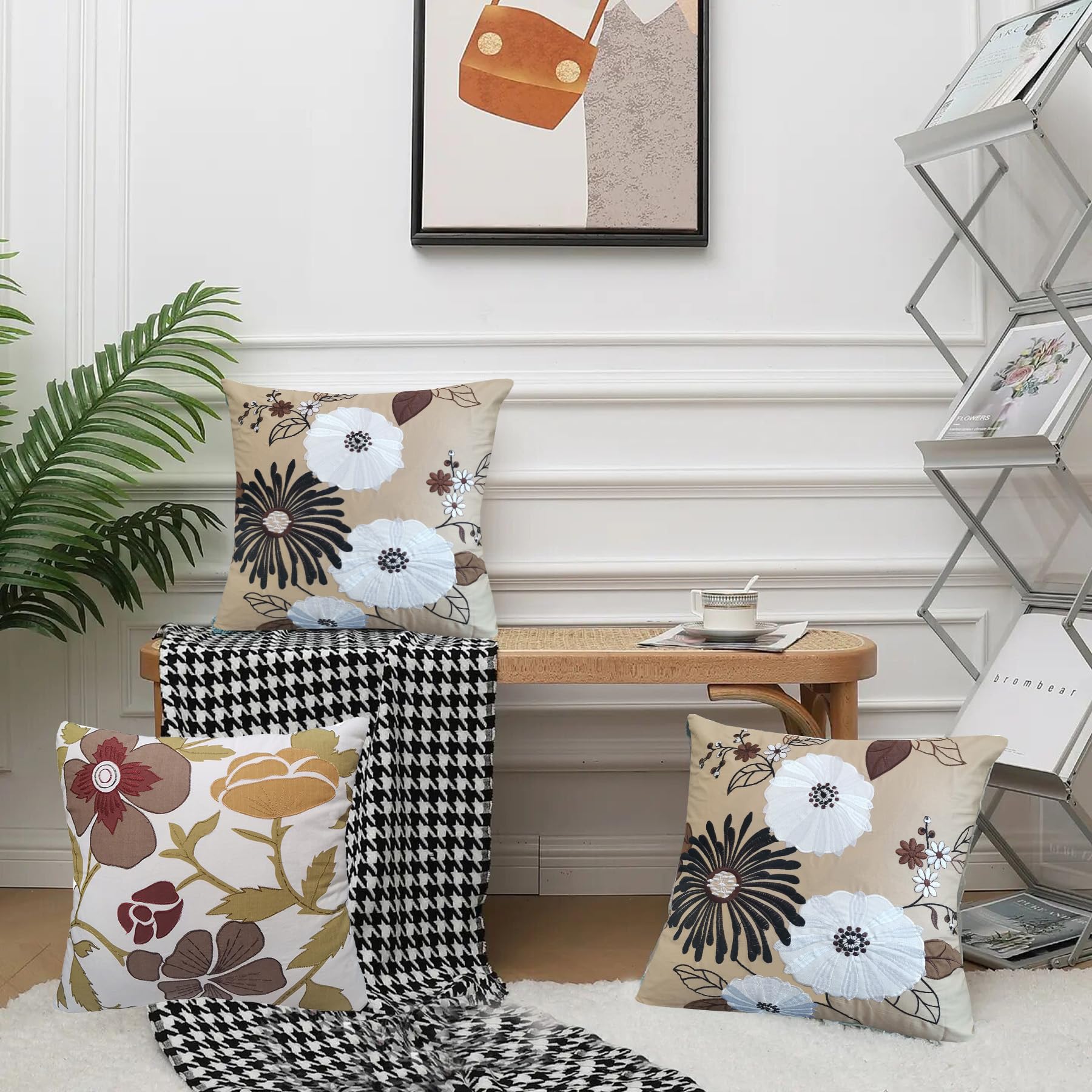 European Floral Appliquéd Embroidery Cotton Satin Cushion Cover 18x18 Inch - French Country Farmhouse Decorative Throw Pillow Case in Black/White/Brown Blooming Flower Design for Living Room Sofa, Bedroom Decor, Fall and Festive Home Accents